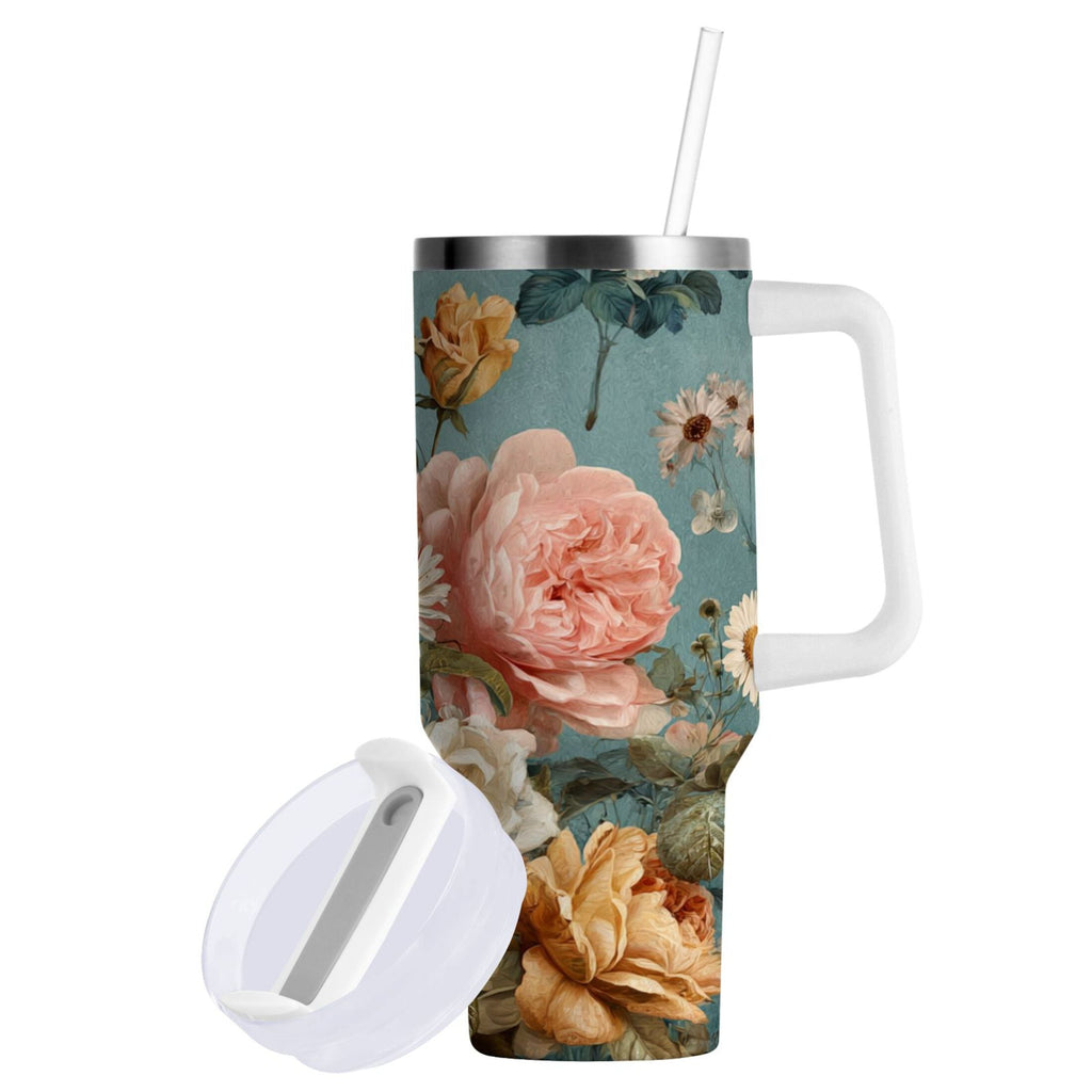 30 oz Insulated Stainless Steel Tumbler Double Wall Stainless Steel Tumbler with 2-Way Drinking Vintage Roses and Peonies Edition-I8MW