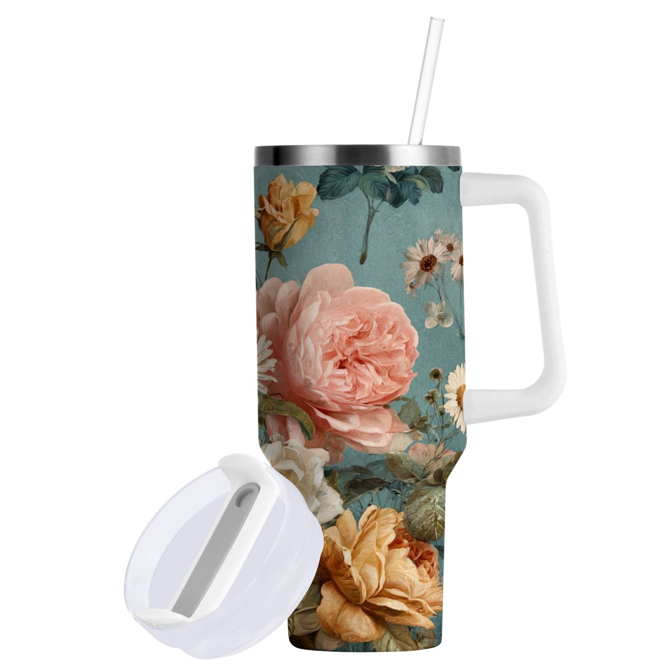 30 oz Insulated Stainless Steel Tumbler Double Wall Stainless Steel Tumbler with 2-Way Drinking Vintage Roses and Peonies Edition-I8MW