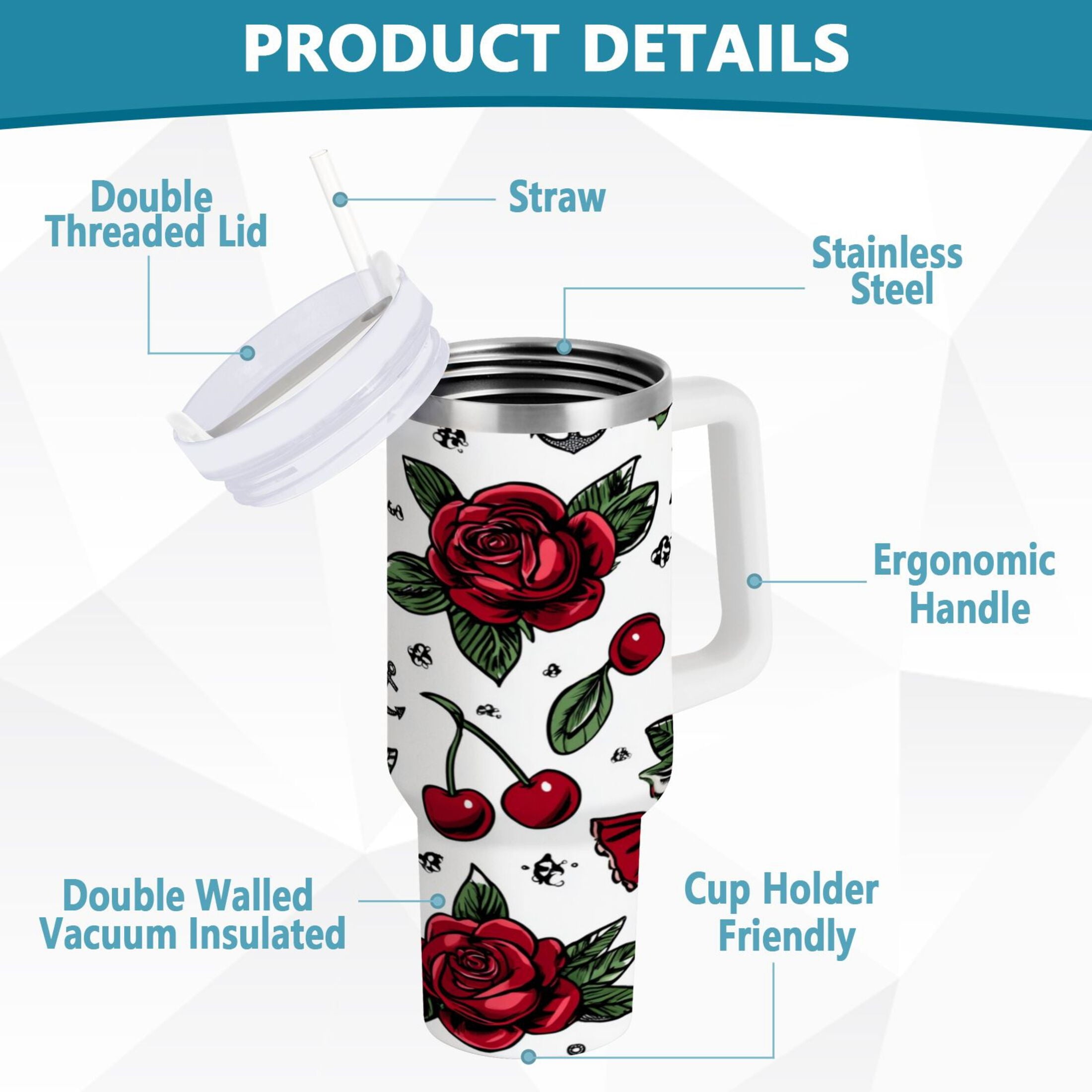 40 oz Insulated Stainless Steel Tumbler Double Wall Stainless Steel Tumbler with 2-Way Drinking Red Roses and Cherries Edition-TKCJ