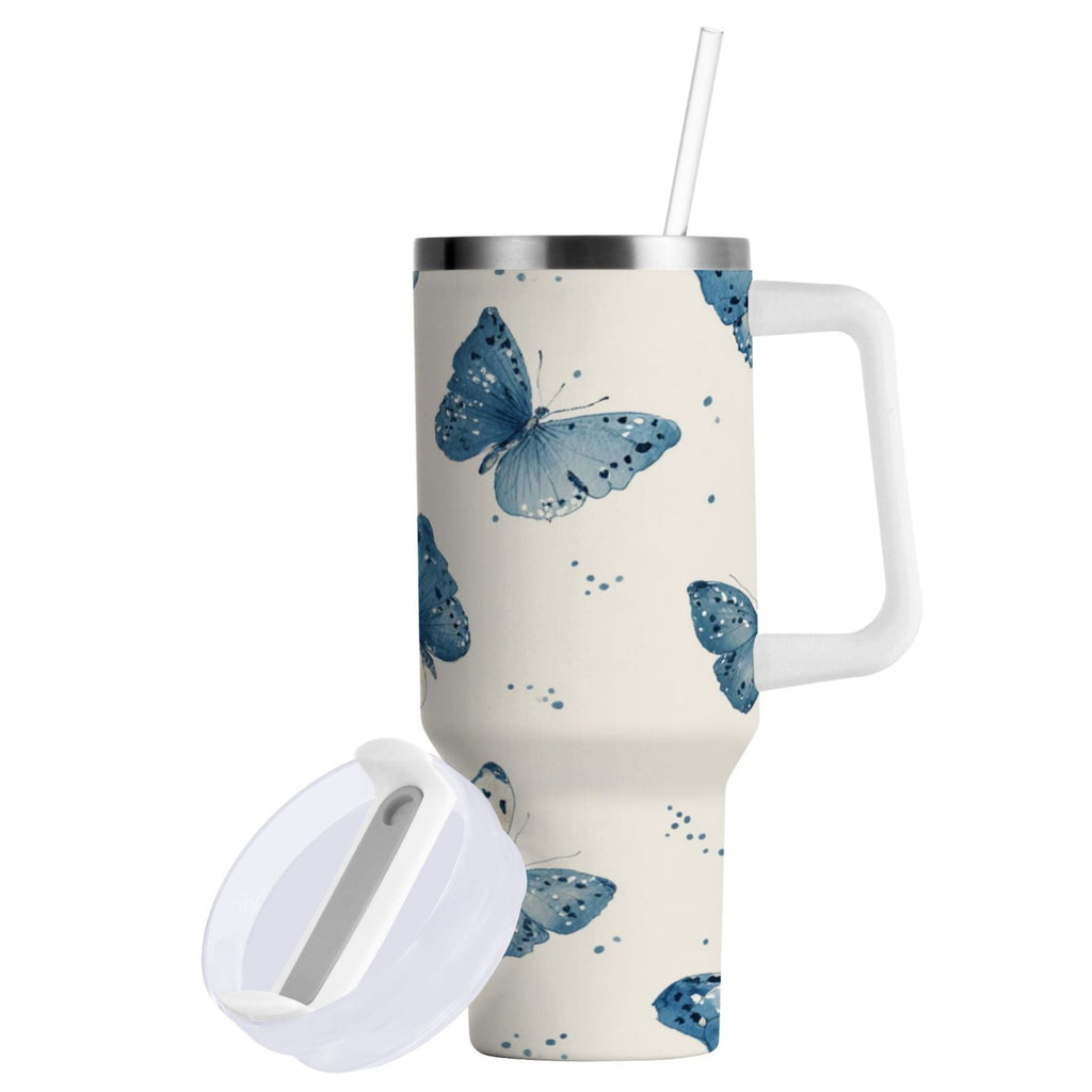30 oz Insulated Stainless Steel Tumbler Double Wall Stainless Steel Tumbler with 2-Way Drinking Blue Watercolor Butterflies Edition-RNLV