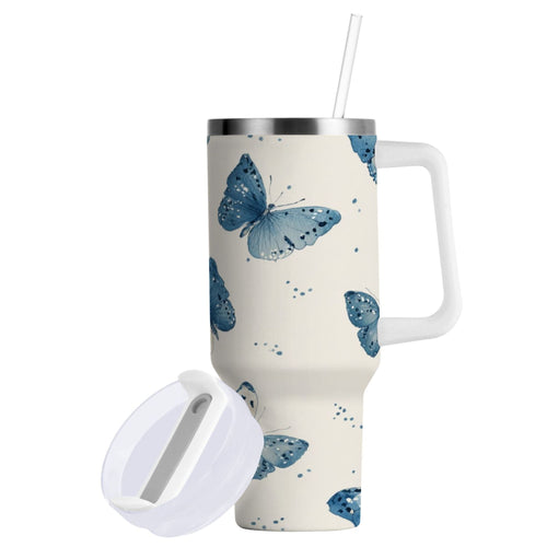 30 oz Insulated Stainless Steel Tumbler Double Wall Stainless Steel Tumbler with 2-Way Drinking Blue Watercolor Butterflies Edition-RNLV