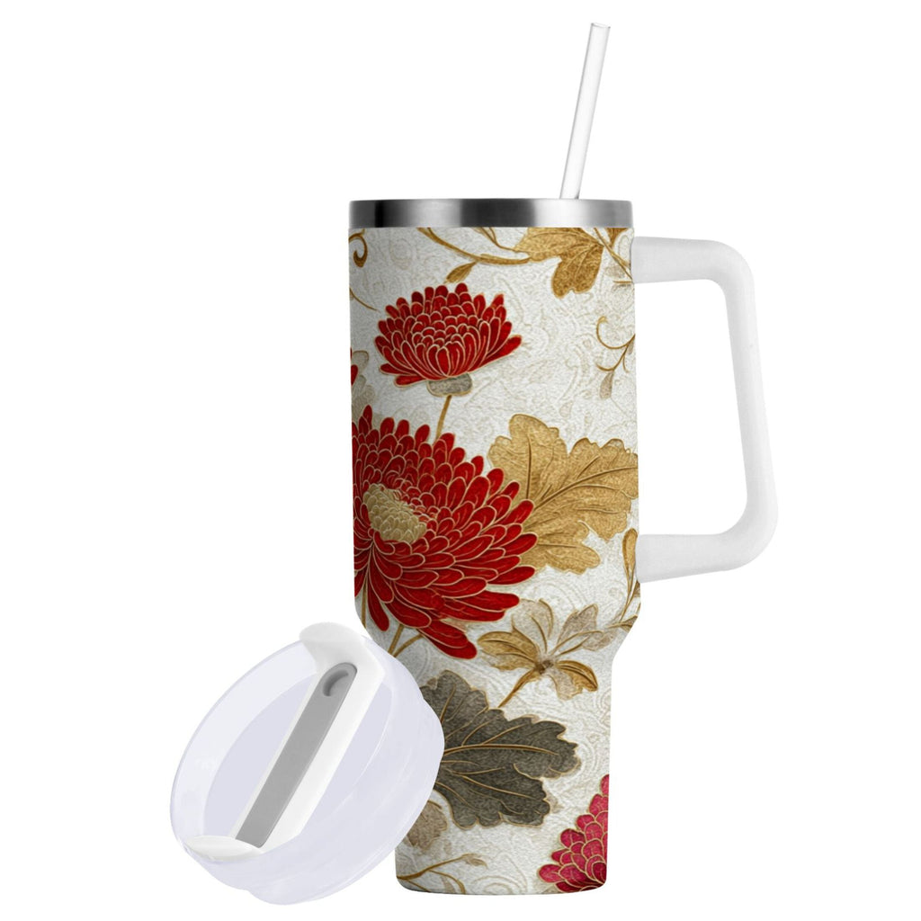 30 oz Insulated Stainless Steel Tumbler Double Wall Stainless Steel Tumbler with 2-Way Drinking Red Chrysanthemum Pattern Edition-ETUM