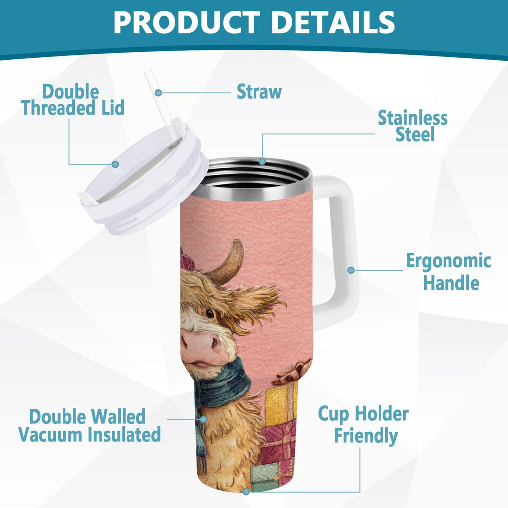 30 oz Insulated Stainless Steel Tumbler Double Wall Stainless Steel Tumbler with 2-Way Drinking Cow Wearing Scarf and Hat Edition-HLJO