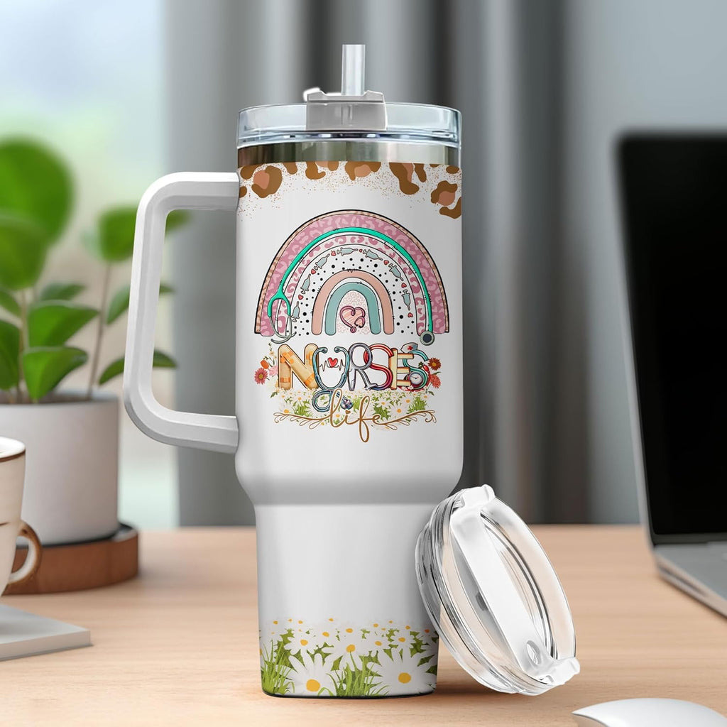 Tumbler 40 Oz With Handle Lid And Straw, Nurse Gifts, Black Camo White Engraved Print Travel Nurses Tumblers Handle Funny Cups Nursing For, Great Nurse Rainbow Daisy Flower Edition-CQH4