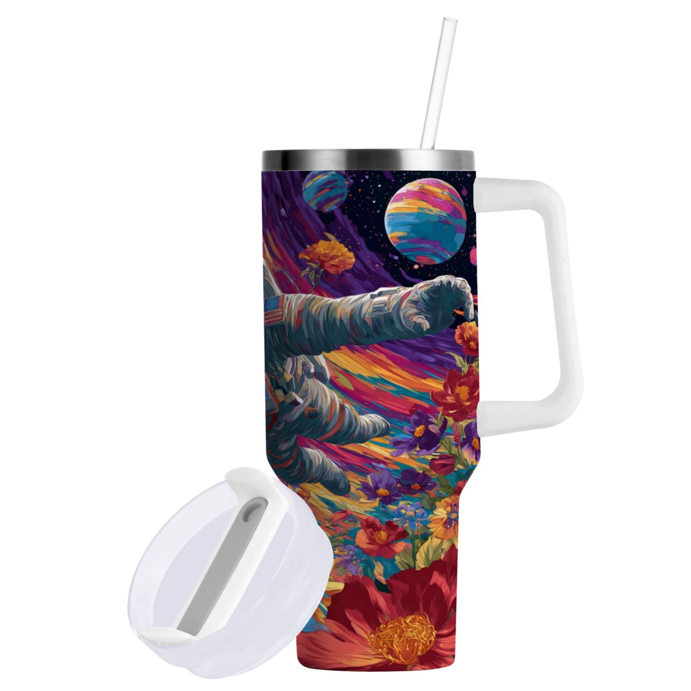 40 oz Insulated Stainless Steel Tumbler Double Wall Stainless Steel Tumbler with 2-Way Drinking Colorful Flowers and Planets Edition-4PRA