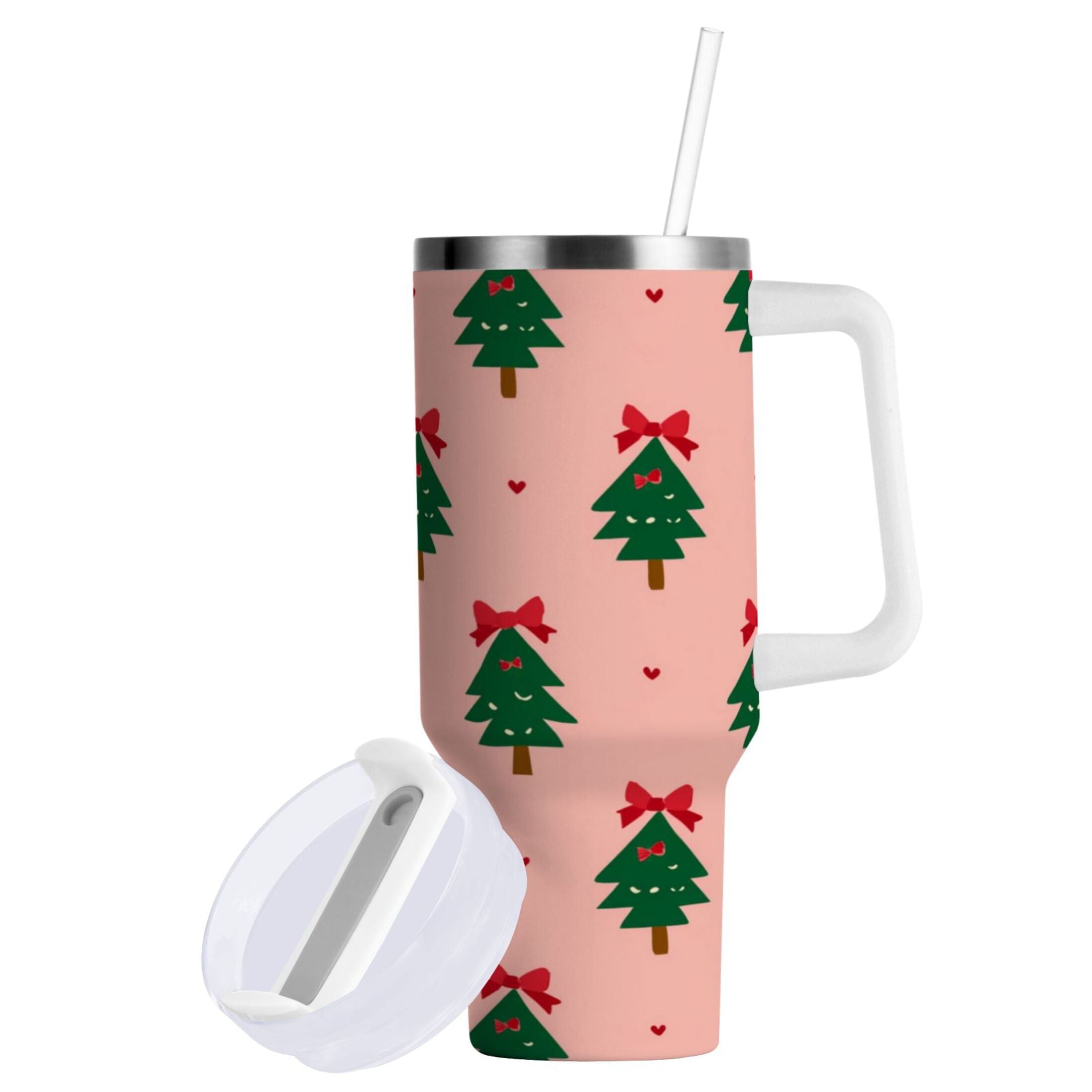 40 oz Insulated Stainless Steel Tumbler Double Wall Stainless Steel Tumbler with 2-Way Drinking Green Trees and Red Bows Edition-R91P