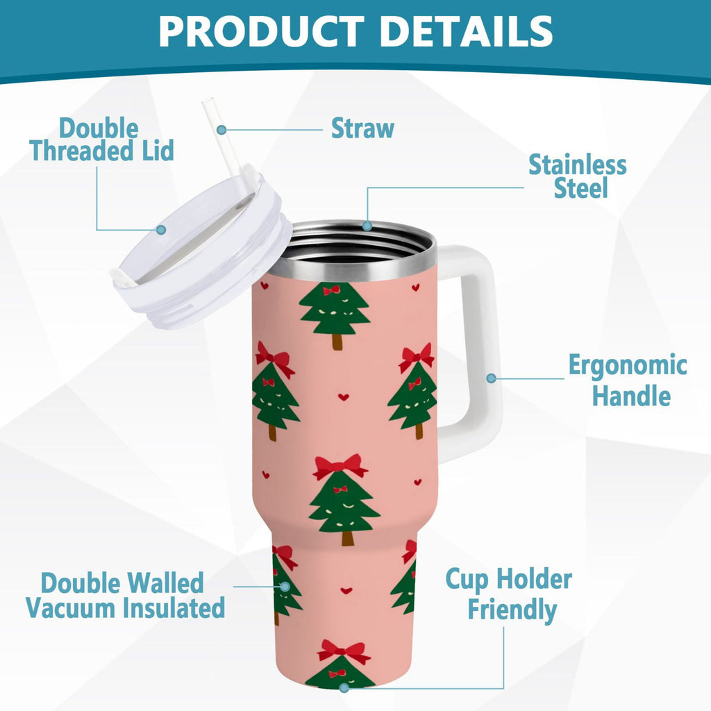 40 oz Insulated Stainless Steel Tumbler Double Wall Stainless Steel Tumbler with 2-Way Drinking Green Trees and Red Bows Edition-R91P
