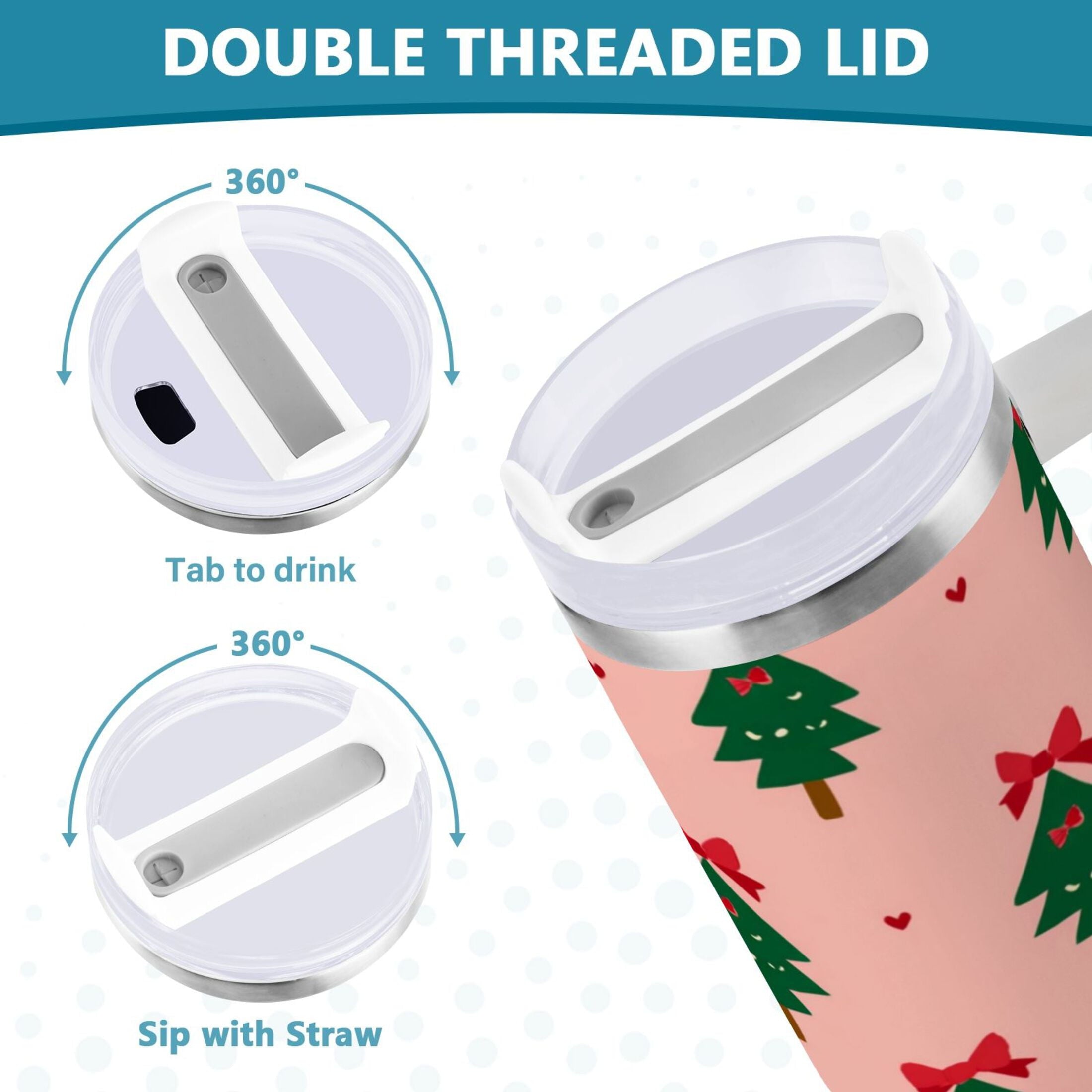 40 oz Insulated Stainless Steel Tumbler Double Wall Stainless Steel Tumbler with 2-Way Drinking Green Trees and Red Bows Edition-R91P
