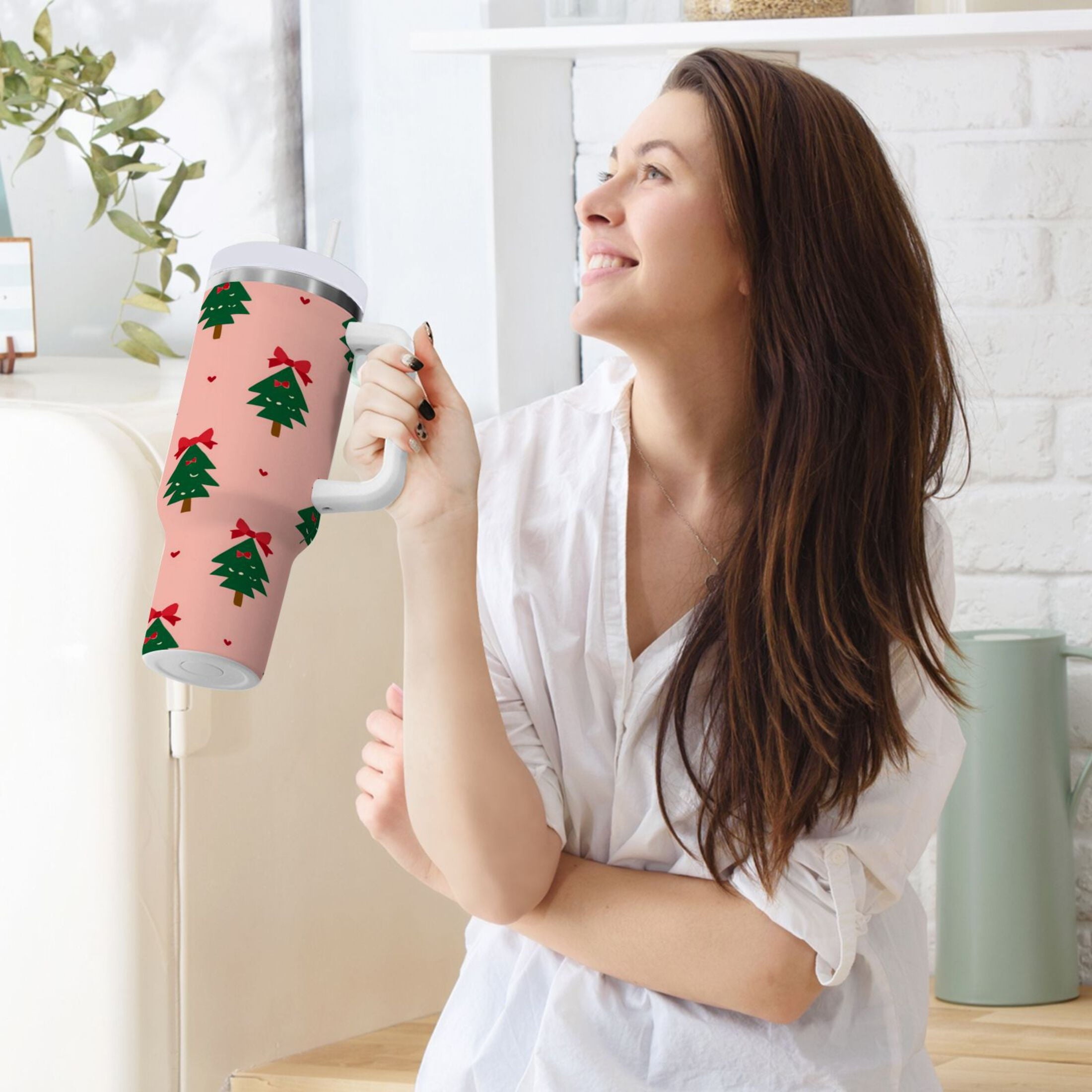 40 oz Insulated Stainless Steel Tumbler Double Wall Stainless Steel Tumbler with 2-Way Drinking Green Trees and Red Bows Edition-R91P