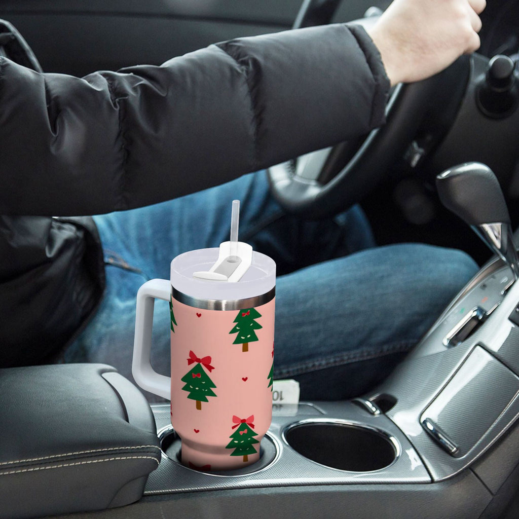 40 oz Insulated Stainless Steel Tumbler Double Wall Stainless Steel Tumbler with 2-Way Drinking Green Trees and Red Bows Edition-R91P