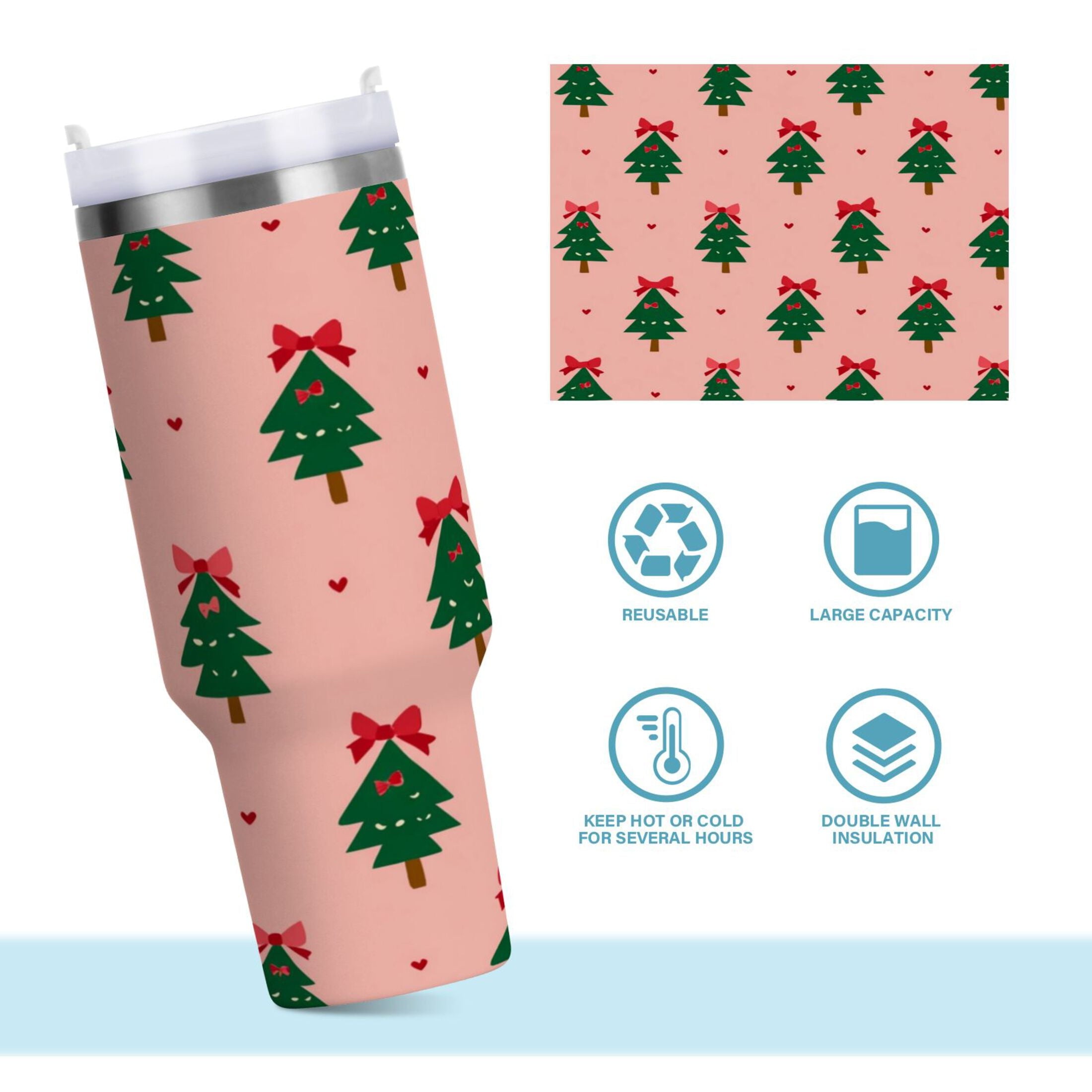 40 oz Insulated Stainless Steel Tumbler Double Wall Stainless Steel Tumbler with 2-Way Drinking Green Trees and Red Bows Edition-R91P