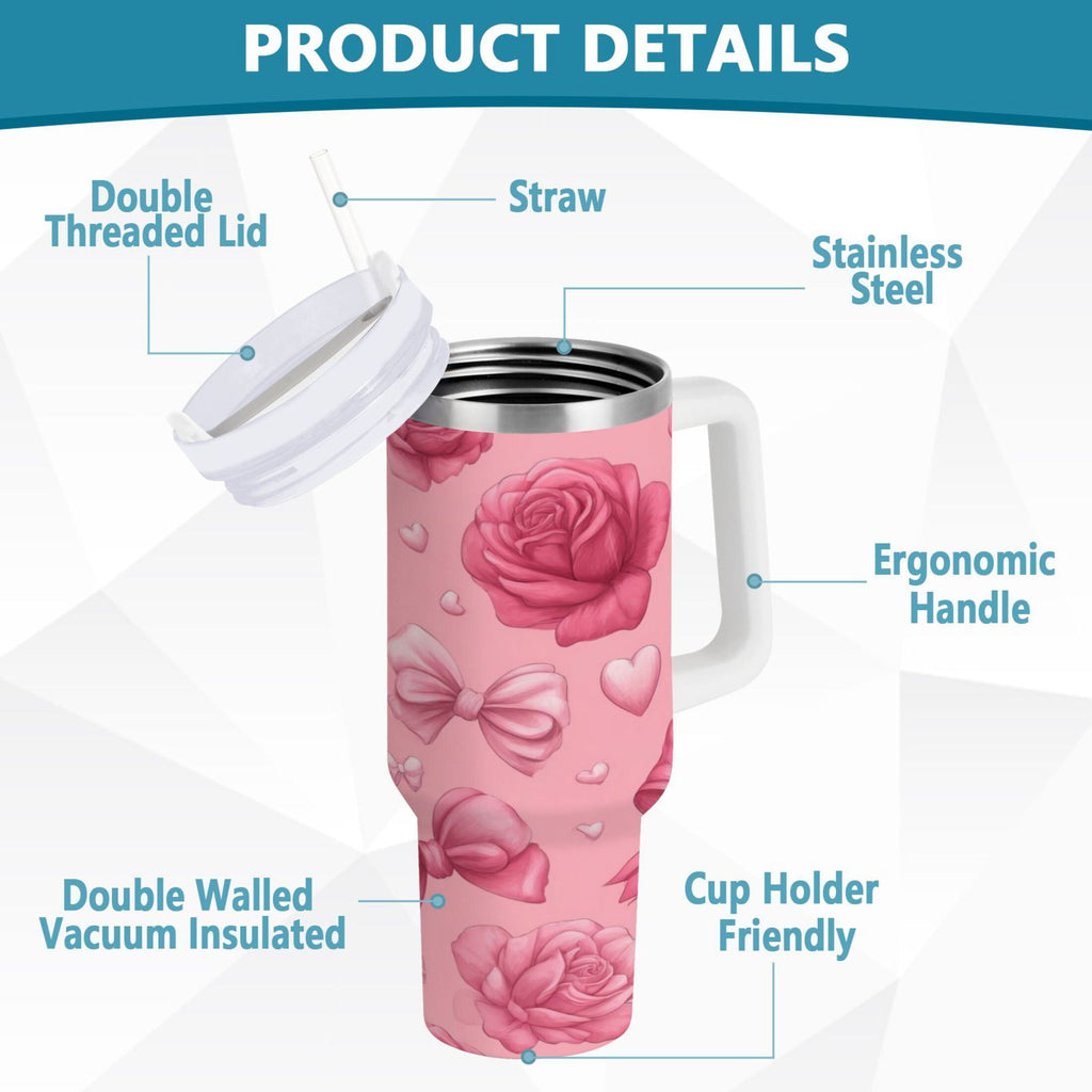 40 oz Insulated Stainless Steel Tumbler Double Wall Stainless Steel Tumbler with 2-Way Drinking Roses and Bows Pattern Edition-ON1B
