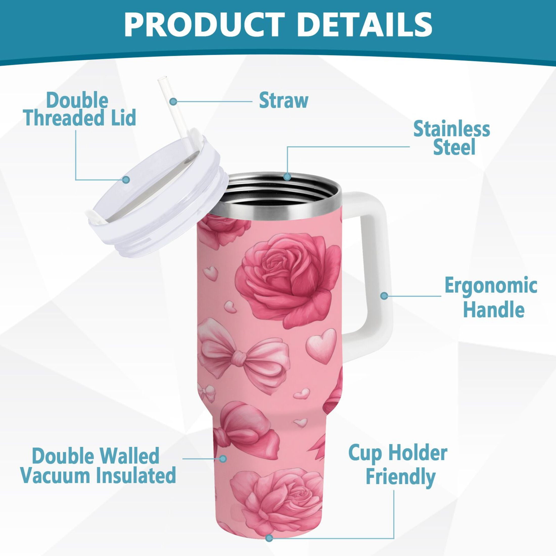 40 oz Insulated Stainless Steel Tumbler Double Wall Stainless Steel Tumbler with 2-Way Drinking Roses and Bows Pattern Edition-ON1B