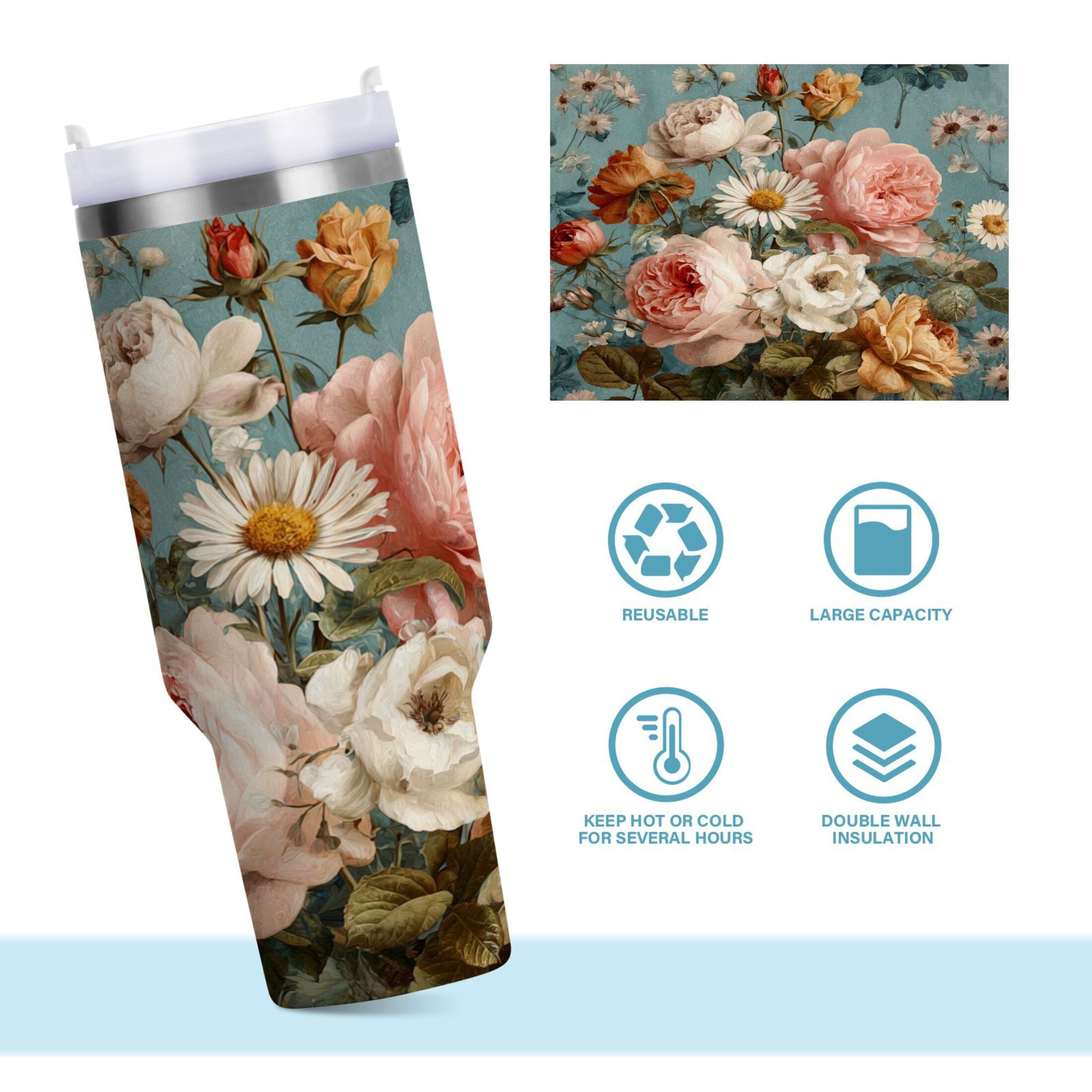 30 oz Insulated Stainless Steel Tumbler Double Wall Stainless Steel Tumbler with 2-Way Drinking Vintage Roses and Peonies Edition-I8MW
