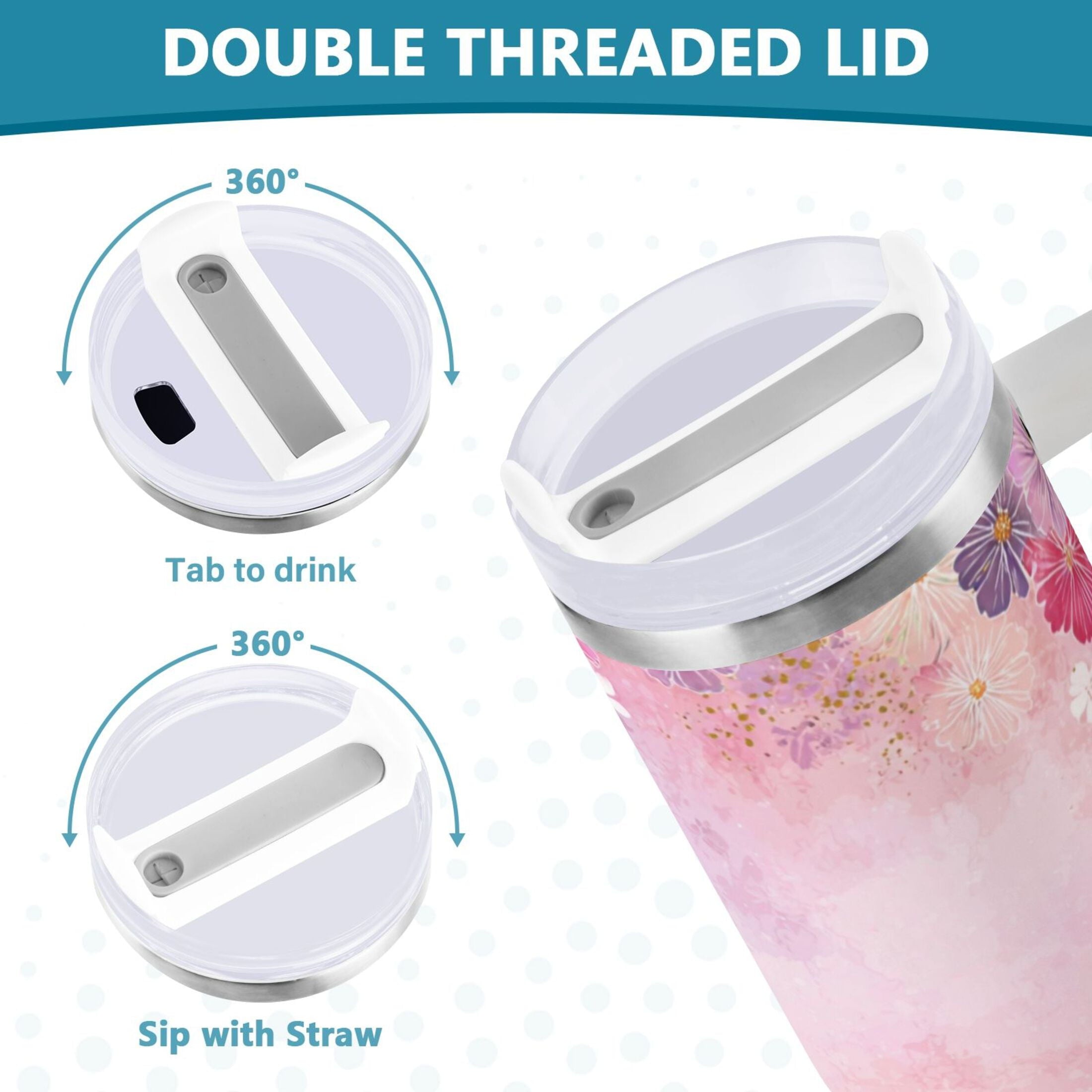 30 oz Insulated Stainless Steel Tumbler Double Wall Stainless Steel Tumbler with 2-Way Drinking Colorful Pastel Floral Pattern Edition-VFF3