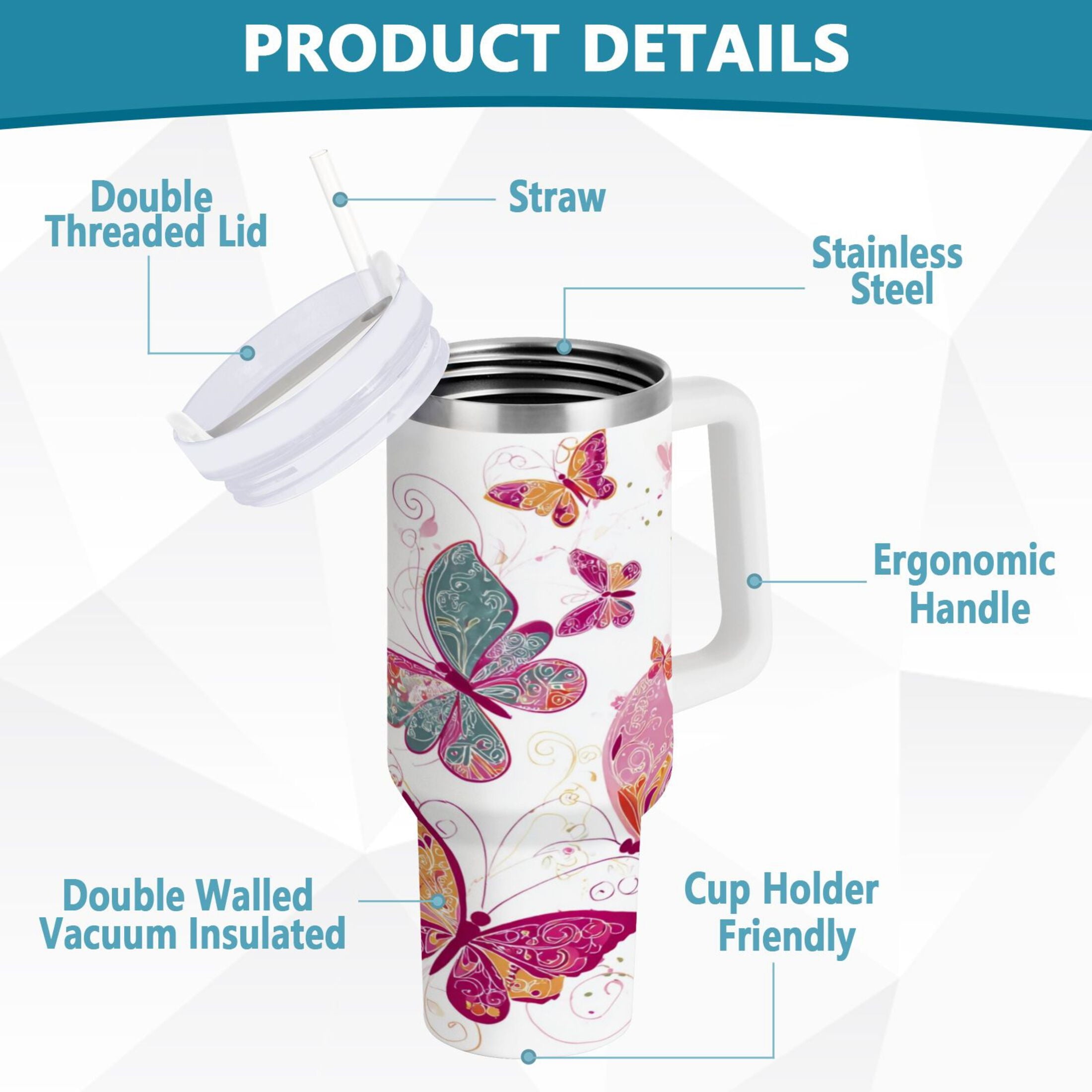 30 oz Insulated Stainless Steel Tumbler Double Wall Stainless Steel Tumbler with 2-Way Drinking Colorful Butterflies Edition-JJJ8