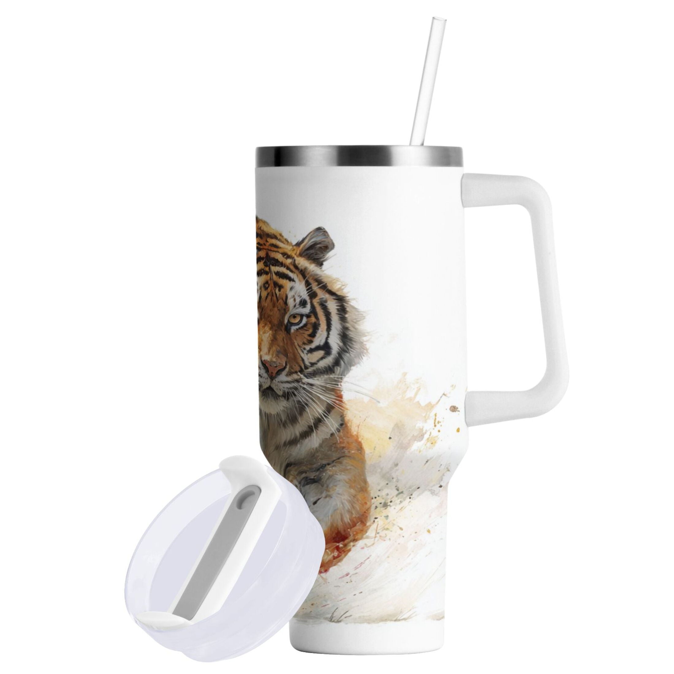 30 oz Insulated Stainless Steel Tumbler Double Wall Stainless Steel Tumbler with 2-Way Drinking Tiger in Action Edition-3S2N