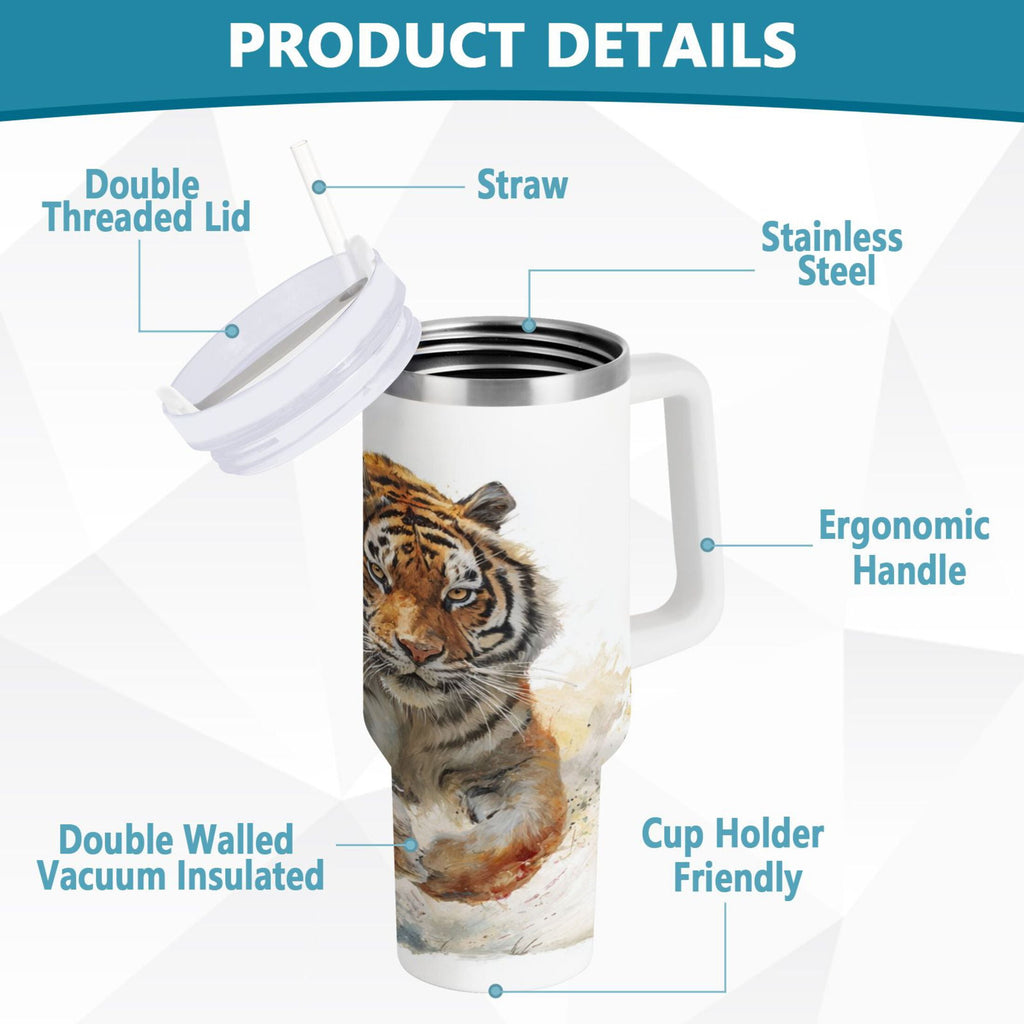 30 oz Insulated Stainless Steel Tumbler Double Wall Stainless Steel Tumbler with 2-Way Drinking Tiger in Action Edition-3S2N