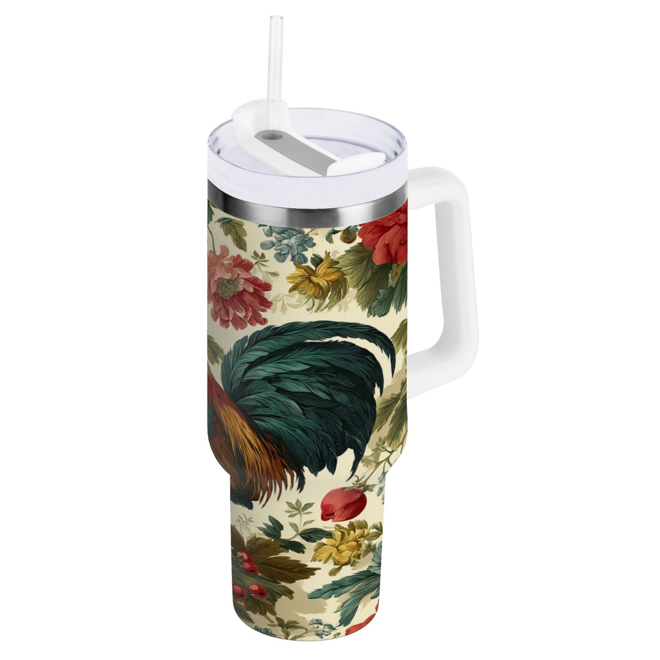 40 oz Insulated Stainless Steel Tumbler Double Wall Stainless Steel Tumbler with 2-Way Drinking Rooster and Vintage Floral Edition-KJVT