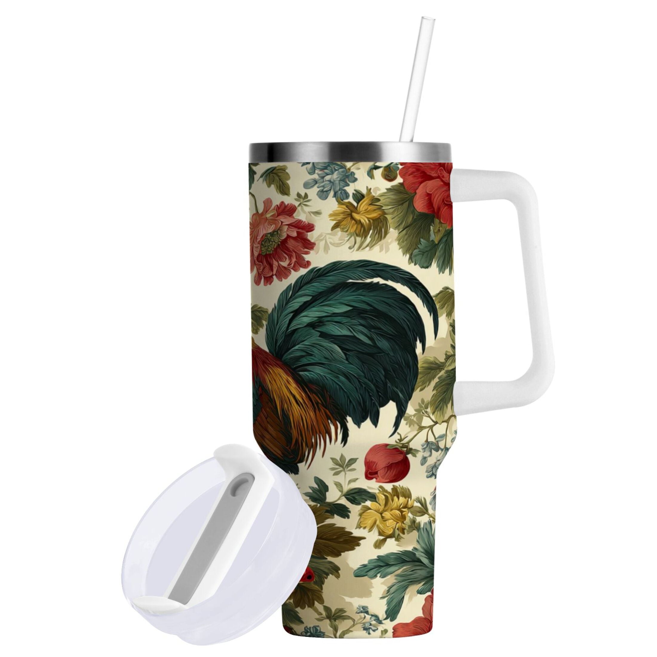 40 oz Insulated Stainless Steel Tumbler Double Wall Stainless Steel Tumbler with 2-Way Drinking Rooster and Vintage Floral Edition-KJVT