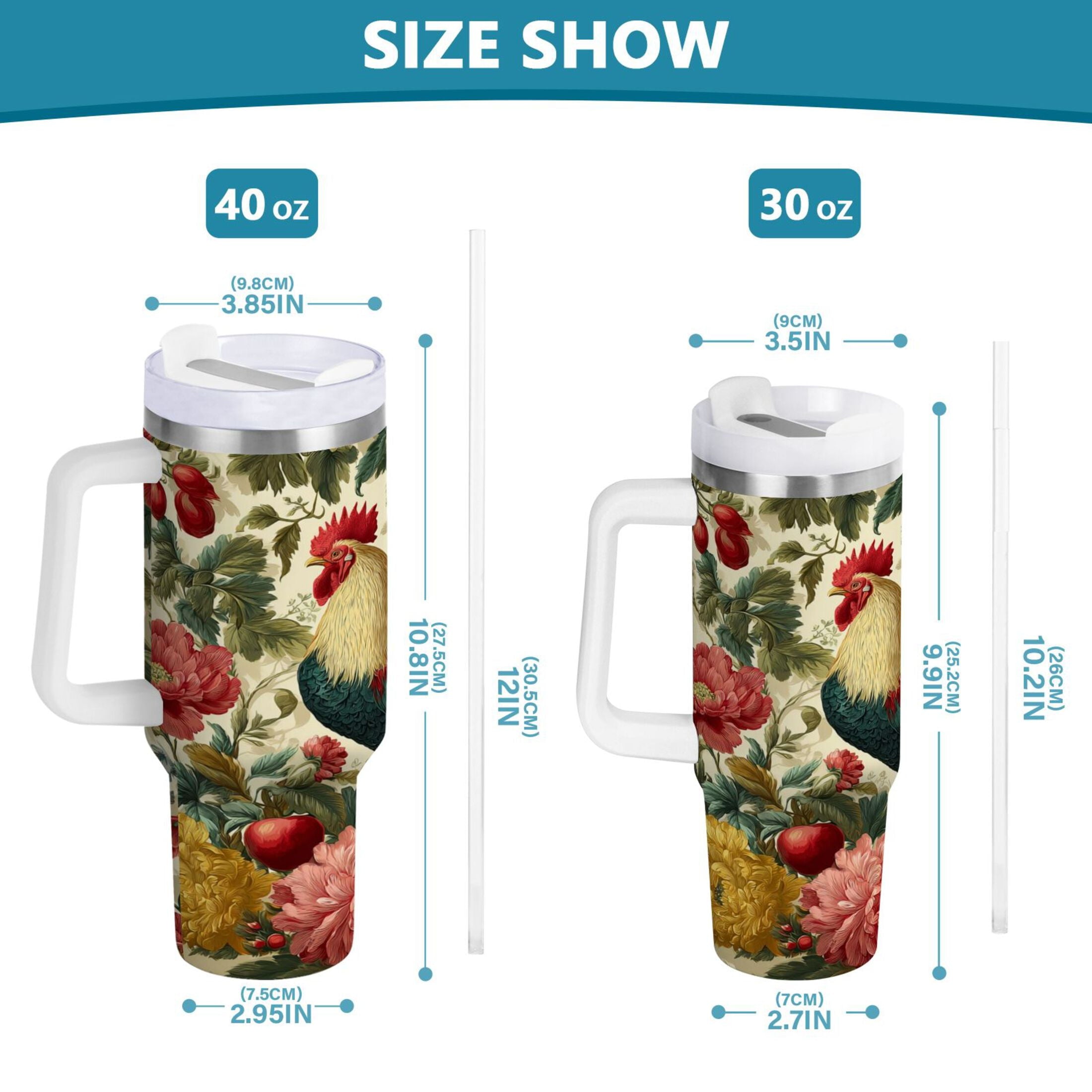 40 oz Insulated Stainless Steel Tumbler Double Wall Stainless Steel Tumbler with 2-Way Drinking Rooster and Vintage Floral Edition-KJVT