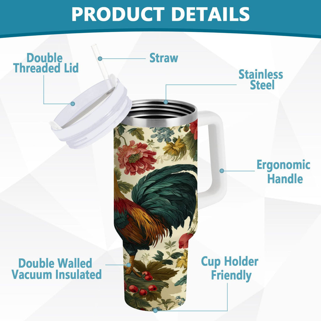 40 oz Insulated Stainless Steel Tumbler Double Wall Stainless Steel Tumbler with 2-Way Drinking Rooster and Vintage Floral Edition-KJVT