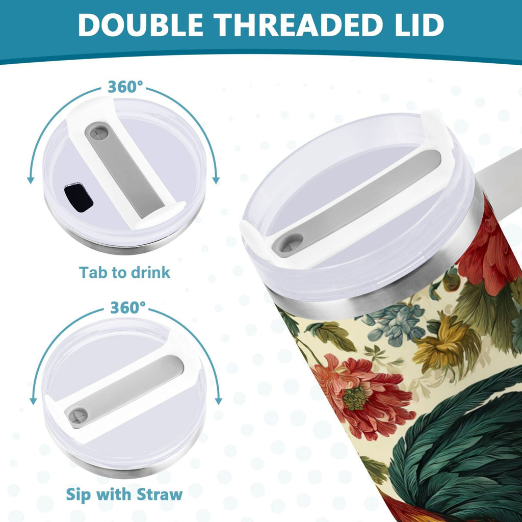 40 oz Insulated Stainless Steel Tumbler Double Wall Stainless Steel Tumbler with 2-Way Drinking Rooster and Vintage Floral Edition-KJVT