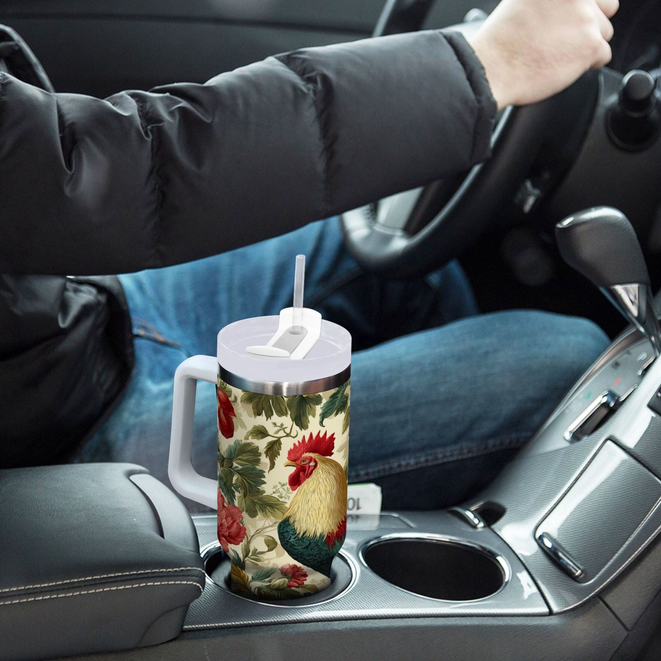 40 oz Insulated Stainless Steel Tumbler Double Wall Stainless Steel Tumbler with 2-Way Drinking Rooster and Vintage Floral Edition-KJVT