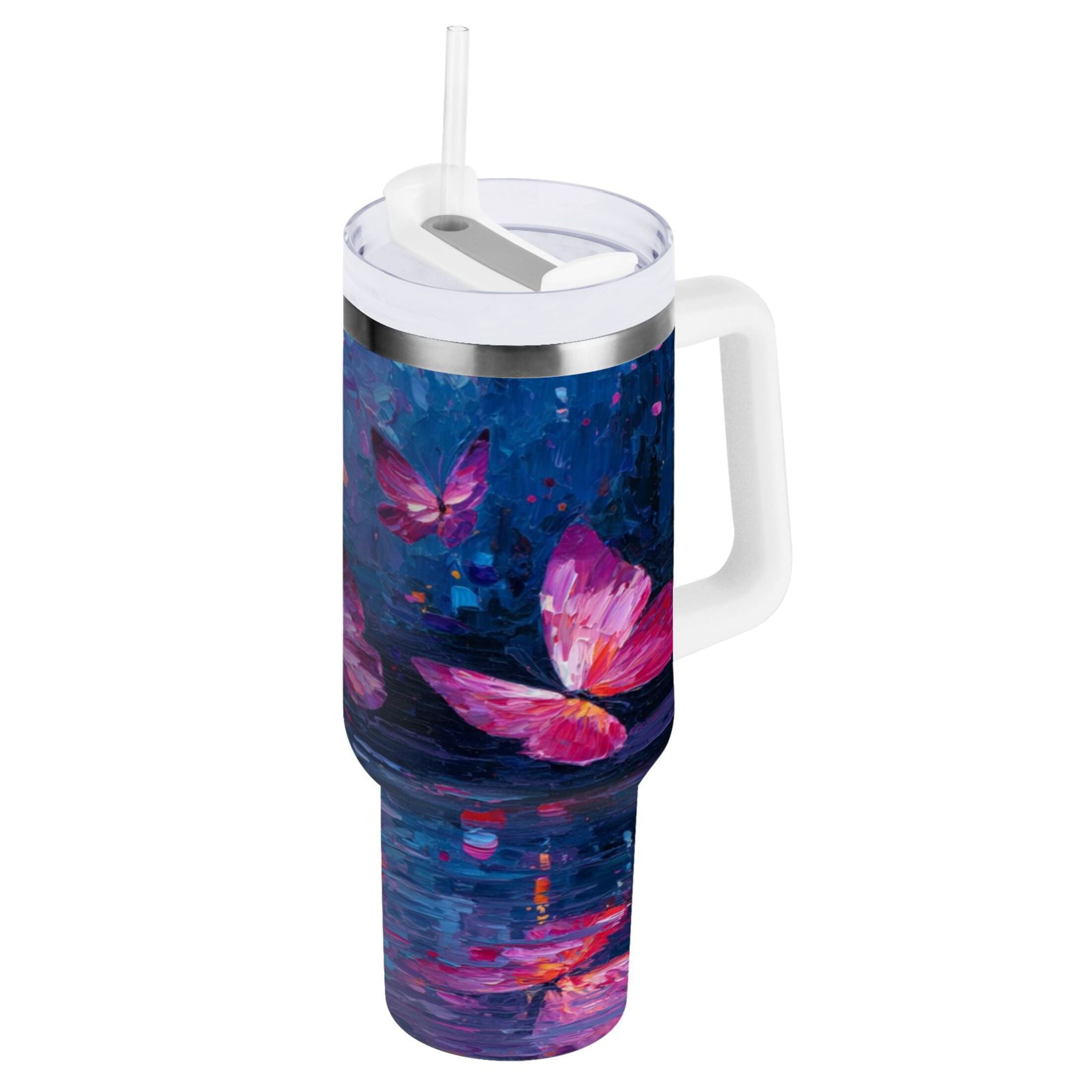 40 oz Insulated Stainless Steel Tumbler Double Wall Stainless Steel Tumbler with 2-Way Drinking Night Scene and Butterflies Edition-7I2V