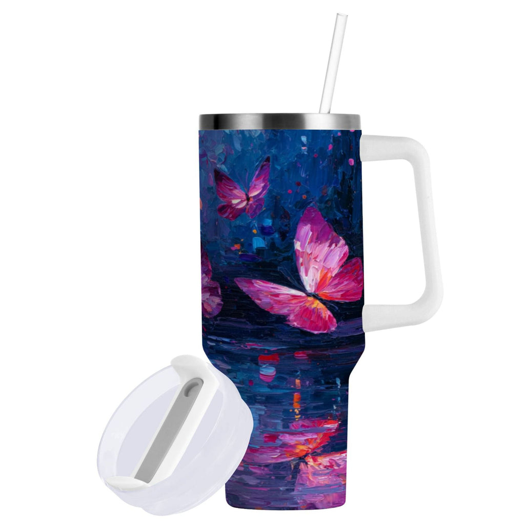 40 oz Insulated Stainless Steel Tumbler Double Wall Stainless Steel Tumbler with 2-Way Drinking Night Scene and Butterflies Edition-7I2V