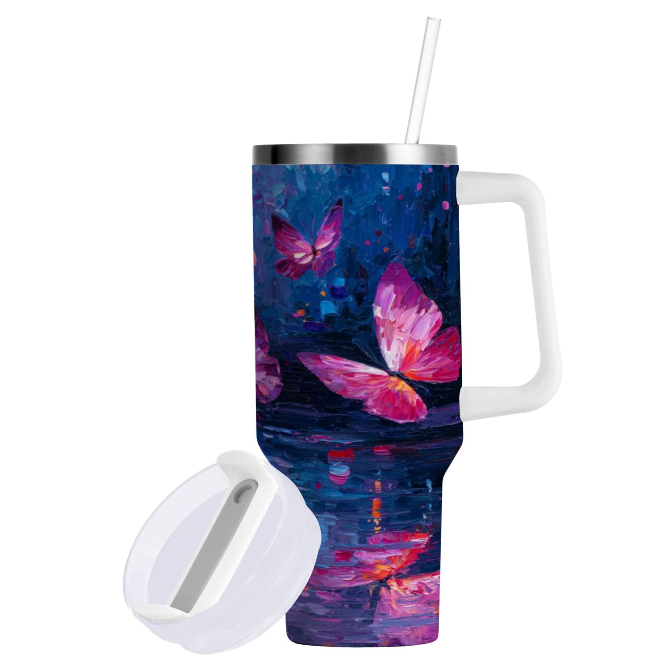 40 oz Insulated Stainless Steel Tumbler Double Wall Stainless Steel Tumbler with 2-Way Drinking Night Scene and Butterflies Edition-7I2V