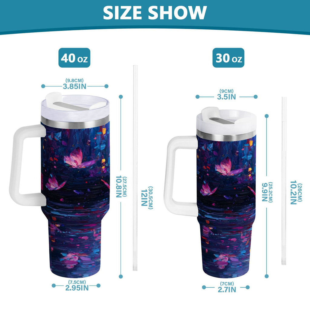 40 oz Insulated Stainless Steel Tumbler Double Wall Stainless Steel Tumbler with 2-Way Drinking Night Scene and Butterflies Edition-7I2V