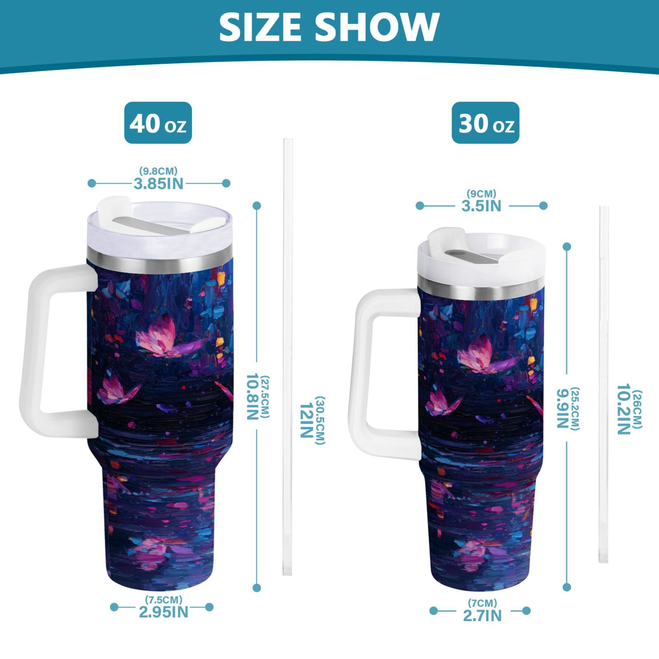 40 oz Insulated Stainless Steel Tumbler Double Wall Stainless Steel Tumbler with 2-Way Drinking Night Scene and Butterflies Edition-7I2V