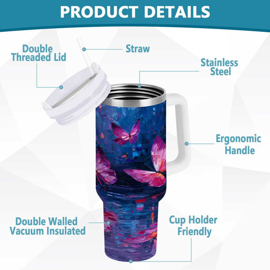 40 oz Insulated Stainless Steel Tumbler Double Wall Stainless Steel Tumbler with 2-Way Drinking Night Scene and Butterflies Edition-7I2V