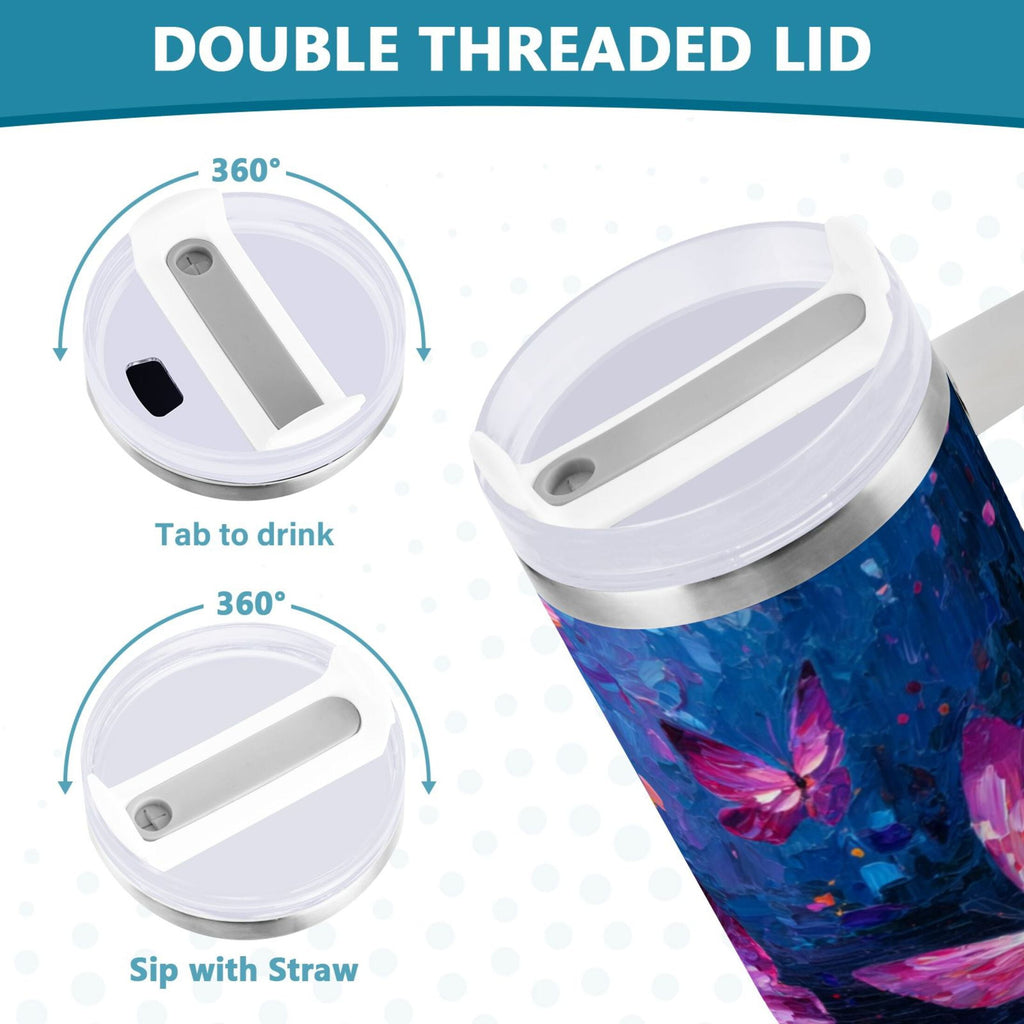 40 oz Insulated Stainless Steel Tumbler Double Wall Stainless Steel Tumbler with 2-Way Drinking Night Scene and Butterflies Edition-7I2V