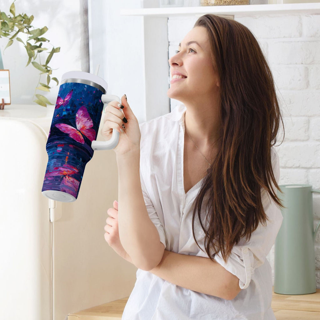40 oz Insulated Stainless Steel Tumbler Double Wall Stainless Steel Tumbler with 2-Way Drinking Night Scene and Butterflies Edition-7I2V