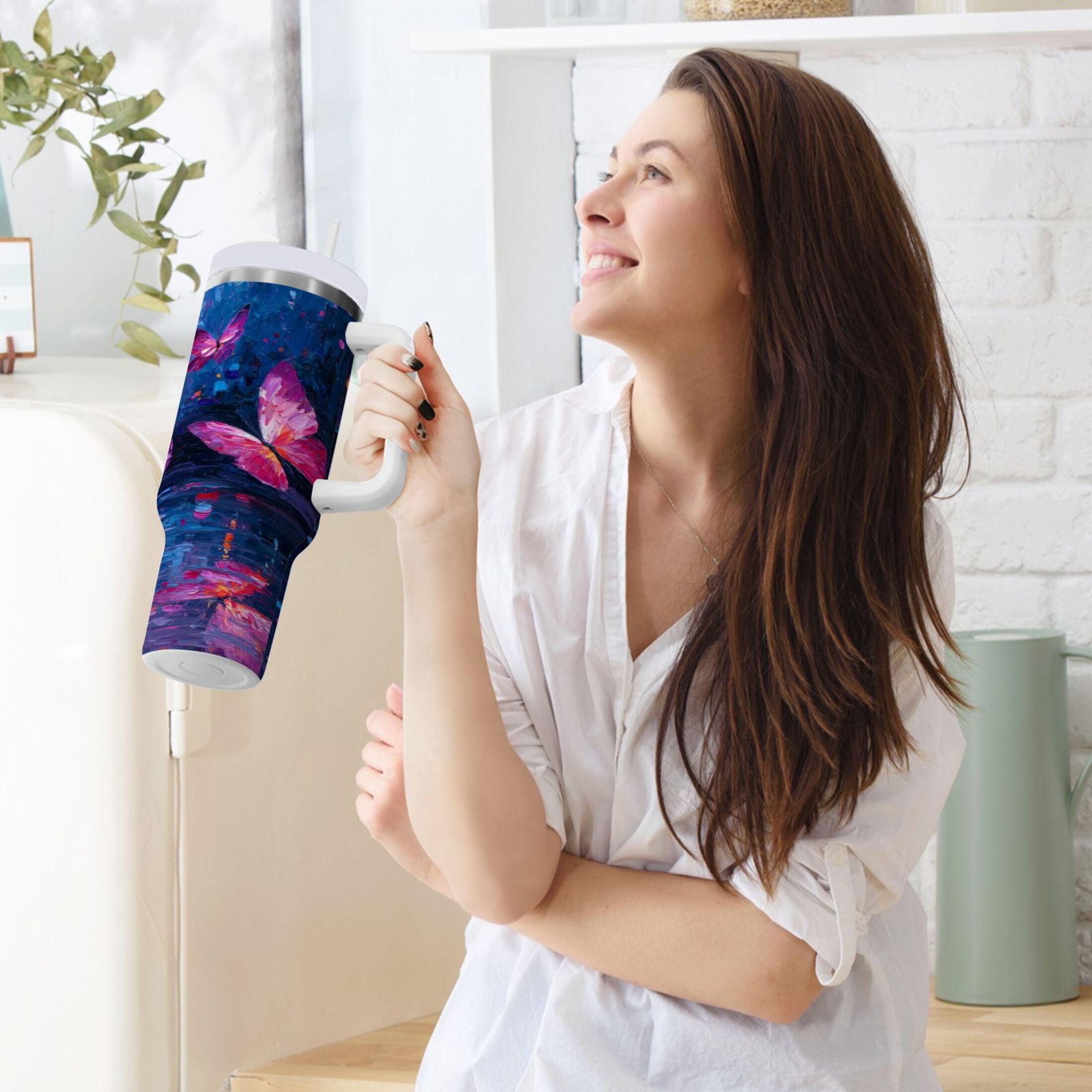 40 oz Insulated Stainless Steel Tumbler Double Wall Stainless Steel Tumbler with 2-Way Drinking Night Scene and Butterflies Edition-7I2V