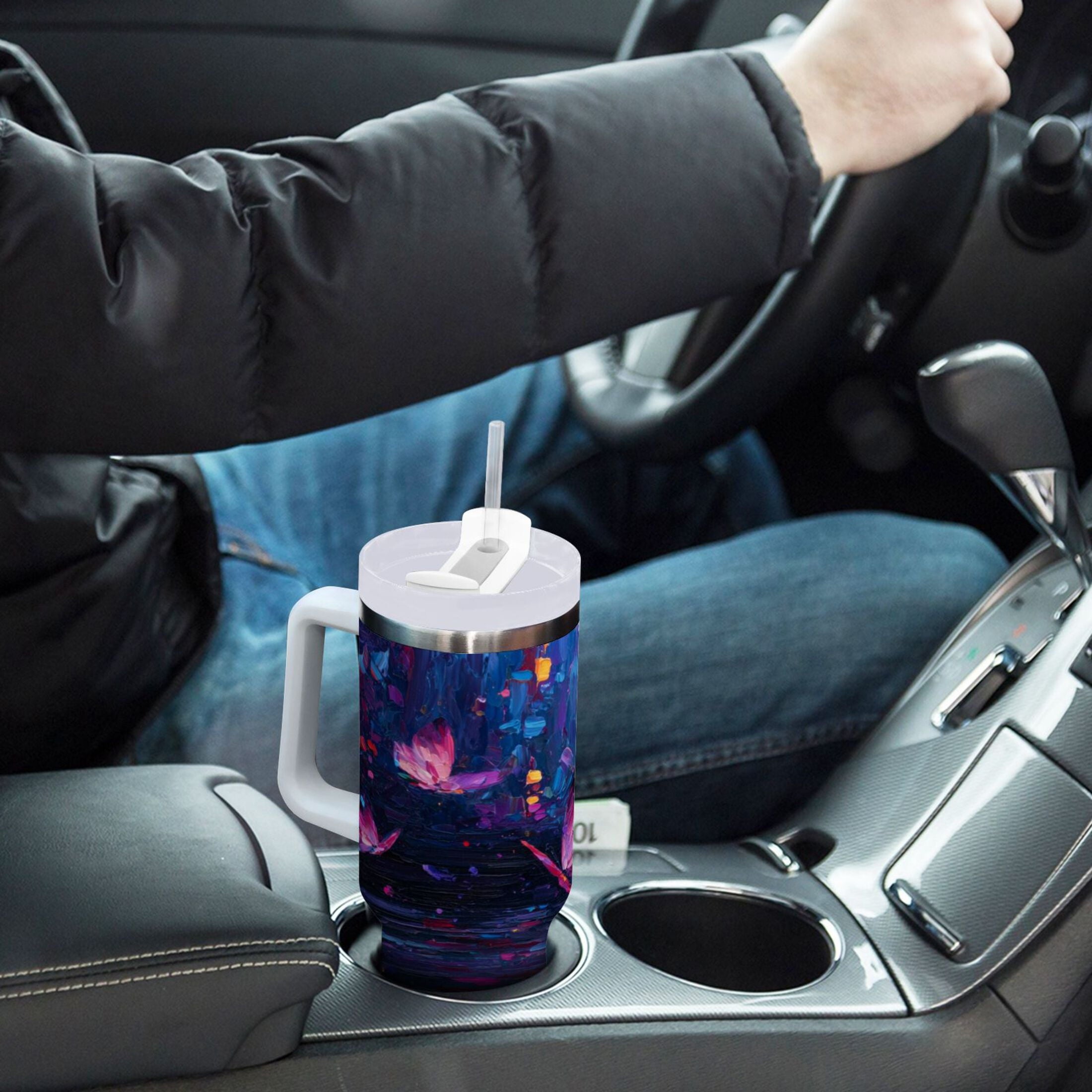 40 oz Insulated Stainless Steel Tumbler Double Wall Stainless Steel Tumbler with 2-Way Drinking Night Scene and Butterflies Edition-7I2V