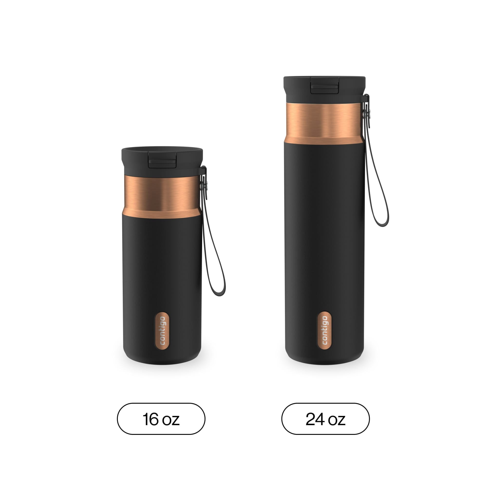 Contigo SnapSeal Leakproof Stainless Steel Reusable Water Bottle with Carrying Strap, Black/Bronze, 16 oz Edition-8P48