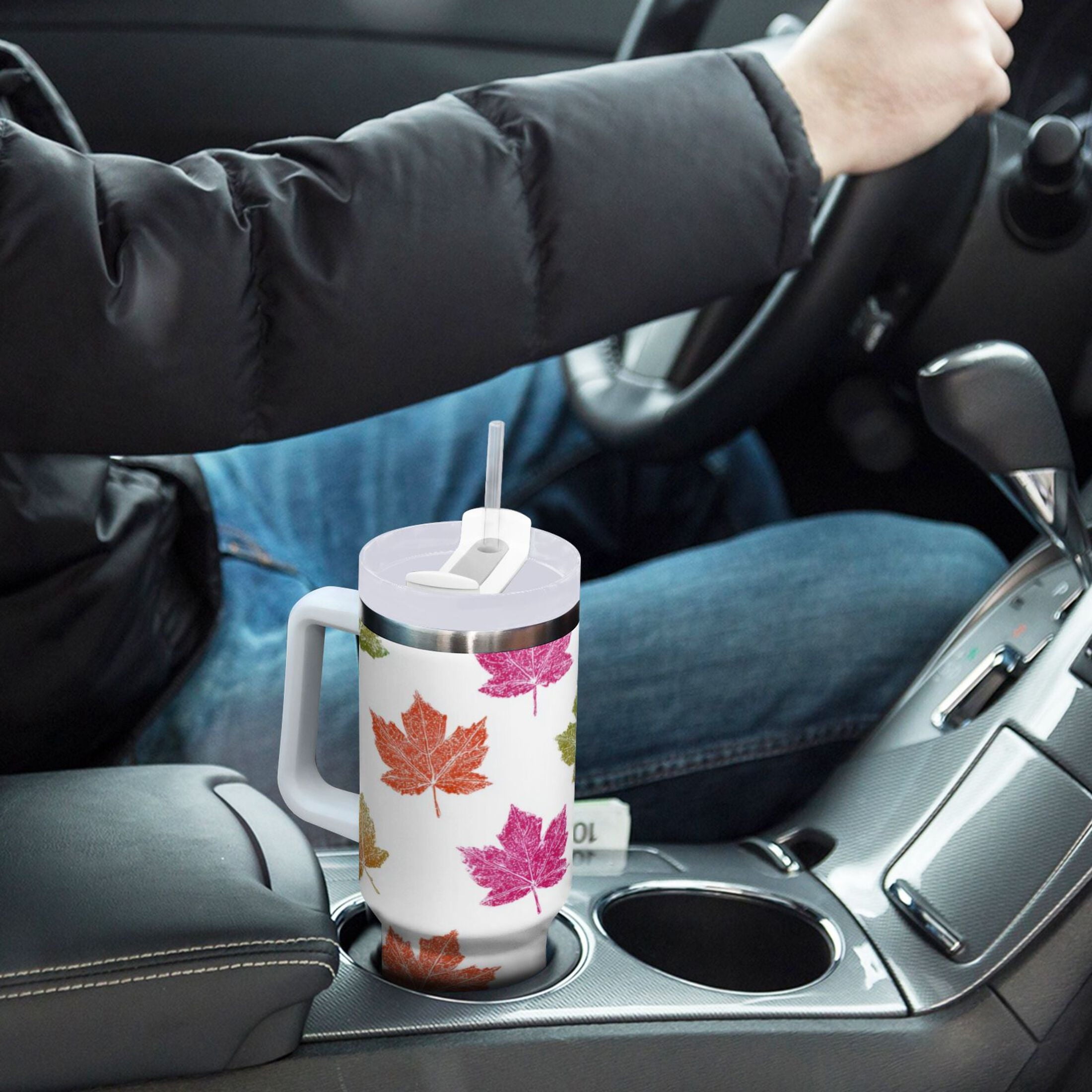 40 oz Insulated Stainless Steel Tumbler Double Wall Stainless Steel Tumbler with 2-Way Drinking Pink Maple Leaf Edition-UKZ1