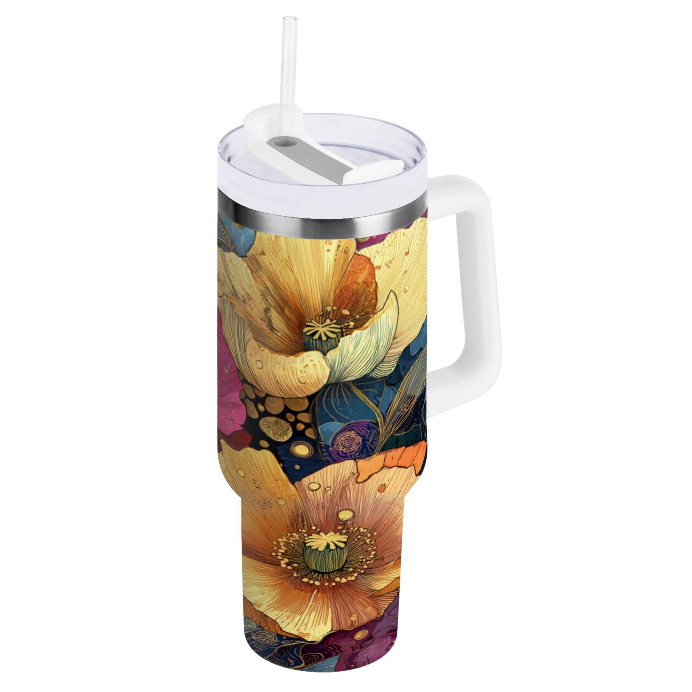 40 oz Insulated Stainless Steel Tumbler Double Wall Stainless Steel Tumbler with 2-Way Drinking Vibrant and Intricate Flowers Edition-R4C3