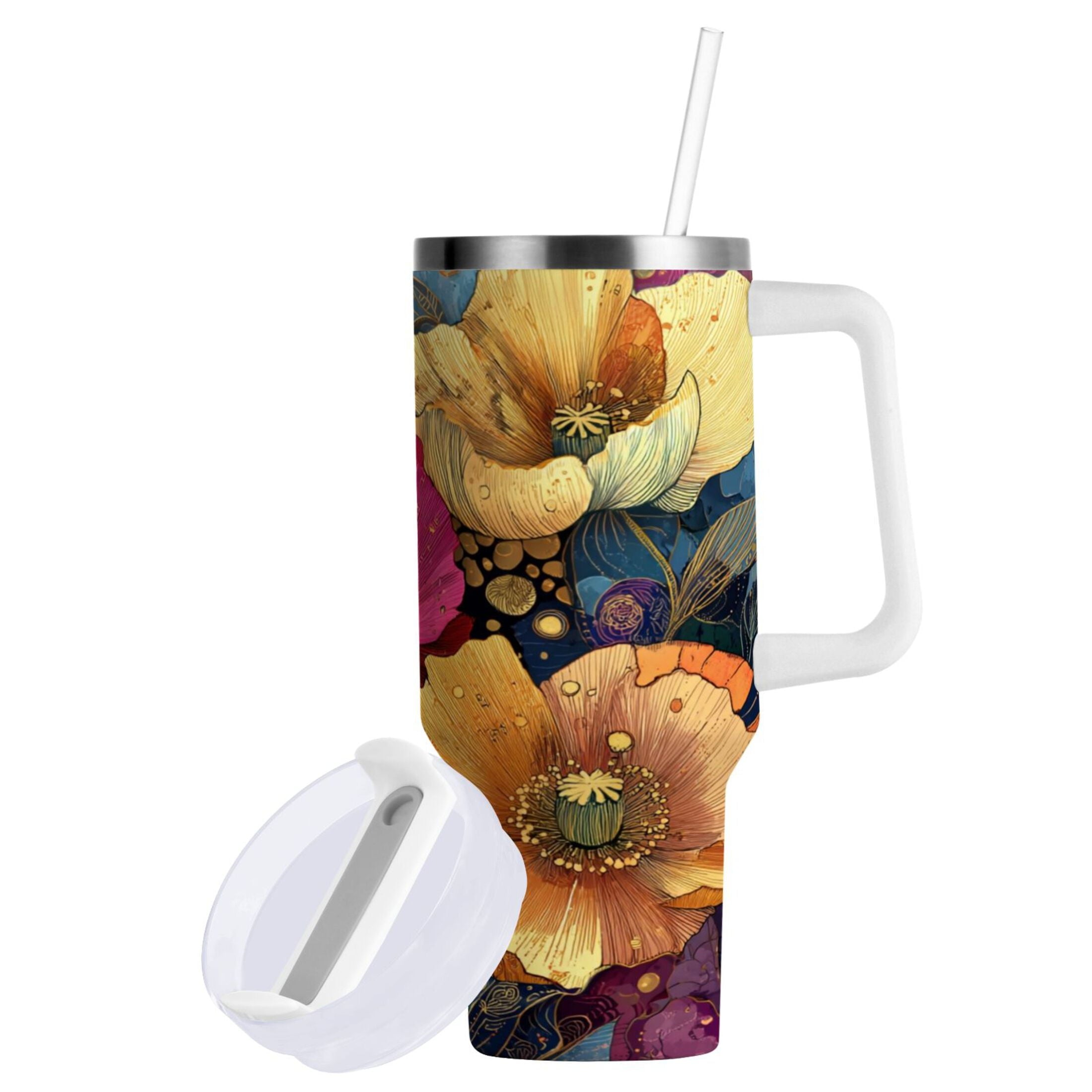 40 oz Insulated Stainless Steel Tumbler Double Wall Stainless Steel Tumbler with 2-Way Drinking Vibrant and Intricate Flowers Edition-R4C3