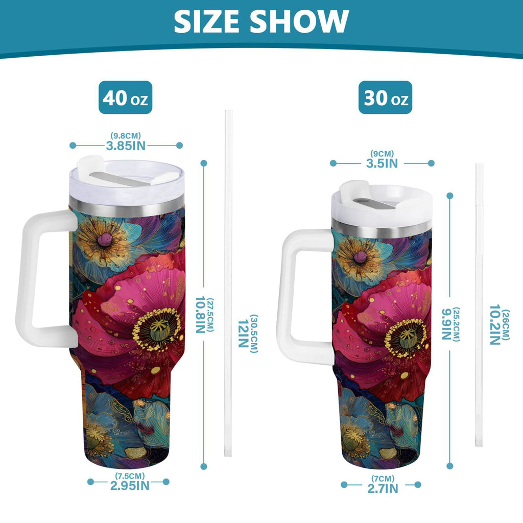 40 oz Insulated Stainless Steel Tumbler Double Wall Stainless Steel Tumbler with 2-Way Drinking Vibrant and Intricate Flowers Edition-R4C3