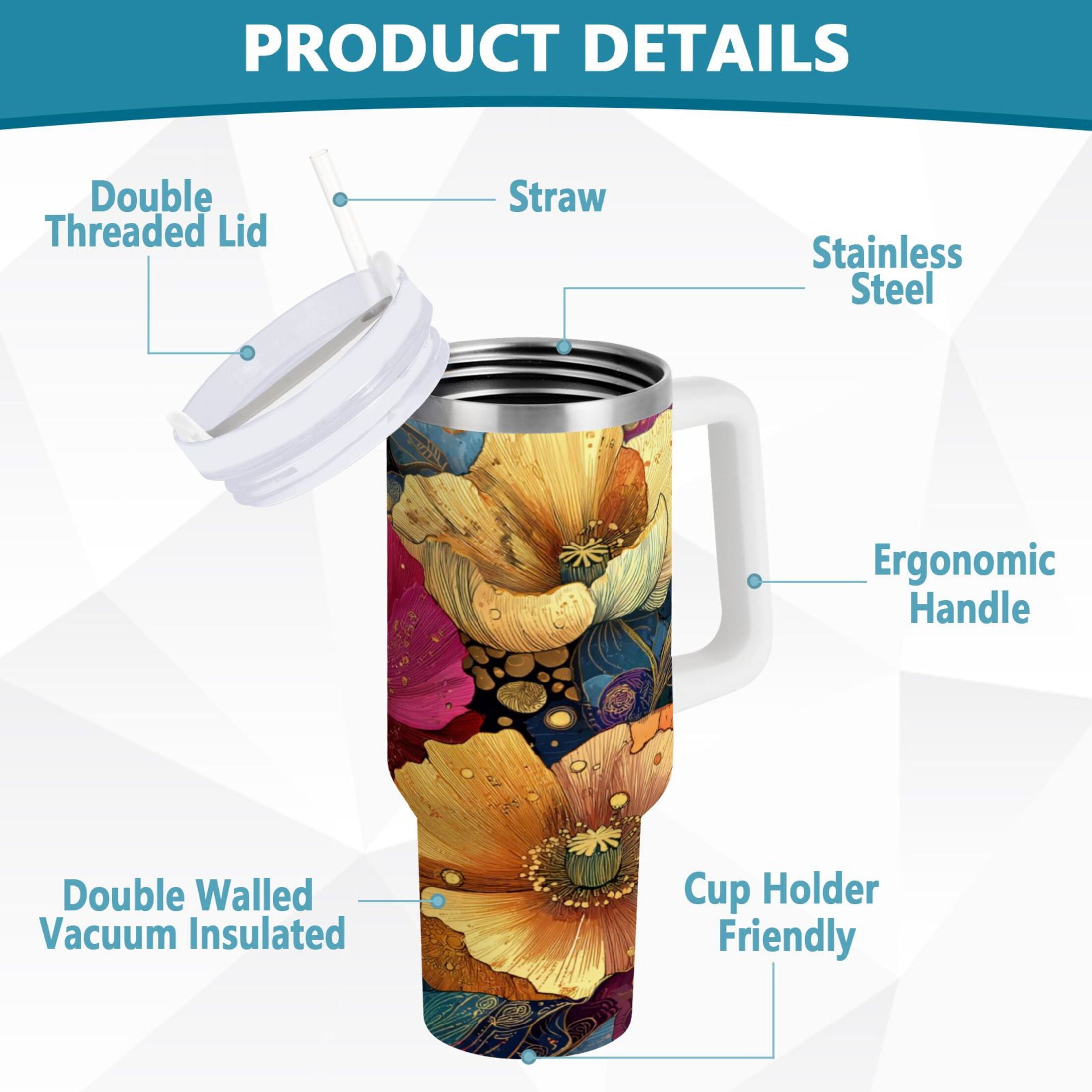 40 oz Insulated Stainless Steel Tumbler Double Wall Stainless Steel Tumbler with 2-Way Drinking Vibrant and Intricate Flowers Edition-R4C3