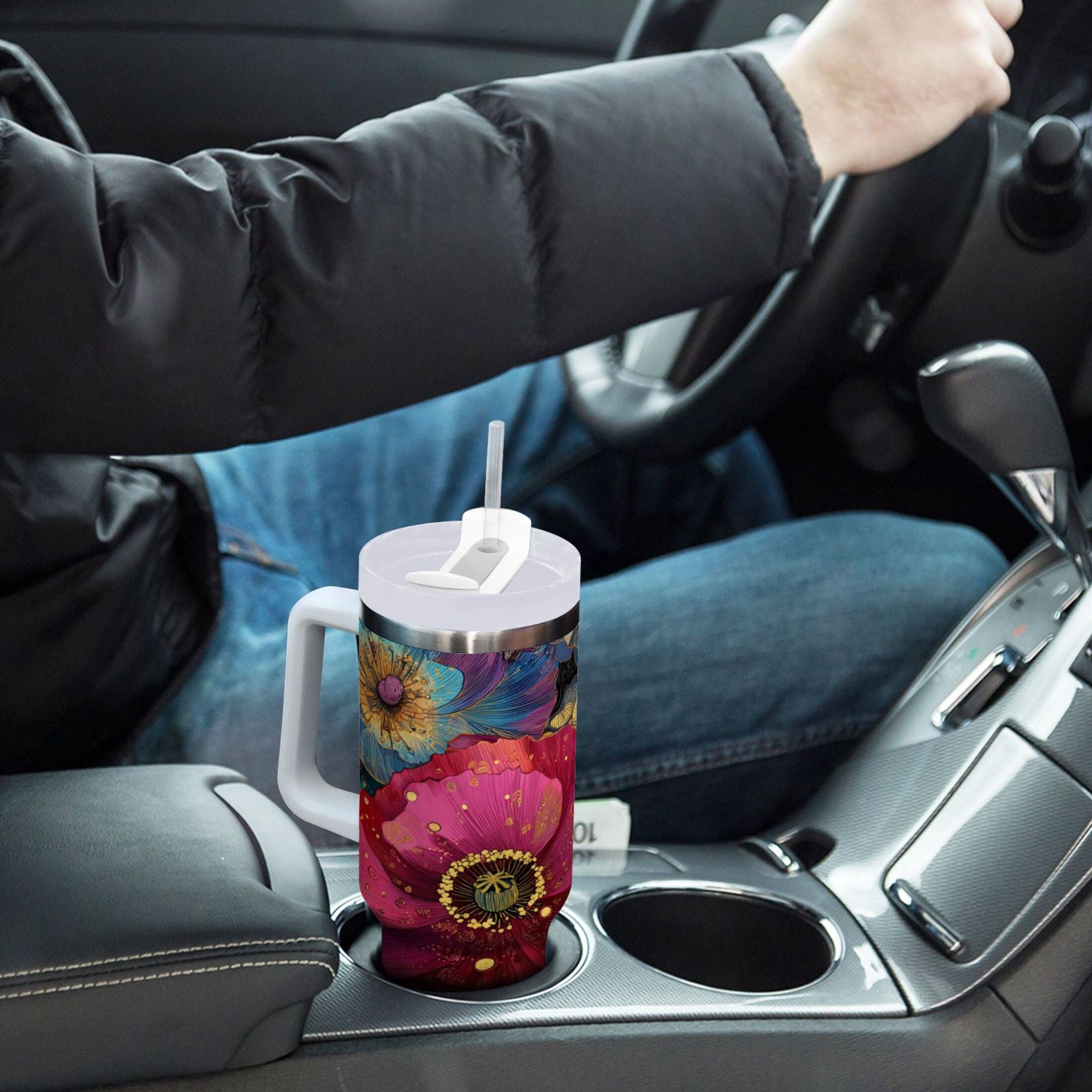 40 oz Insulated Stainless Steel Tumbler Double Wall Stainless Steel Tumbler with 2-Way Drinking Vibrant and Intricate Flowers Edition-R4C3