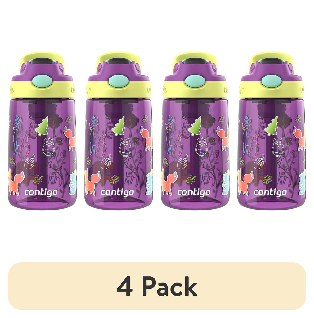 (4 pack) Contigo Kids Water Bottle with Redesigned AUTOSPOUT Straw, 14 oz, Grape Forest Haven Edition-FC53