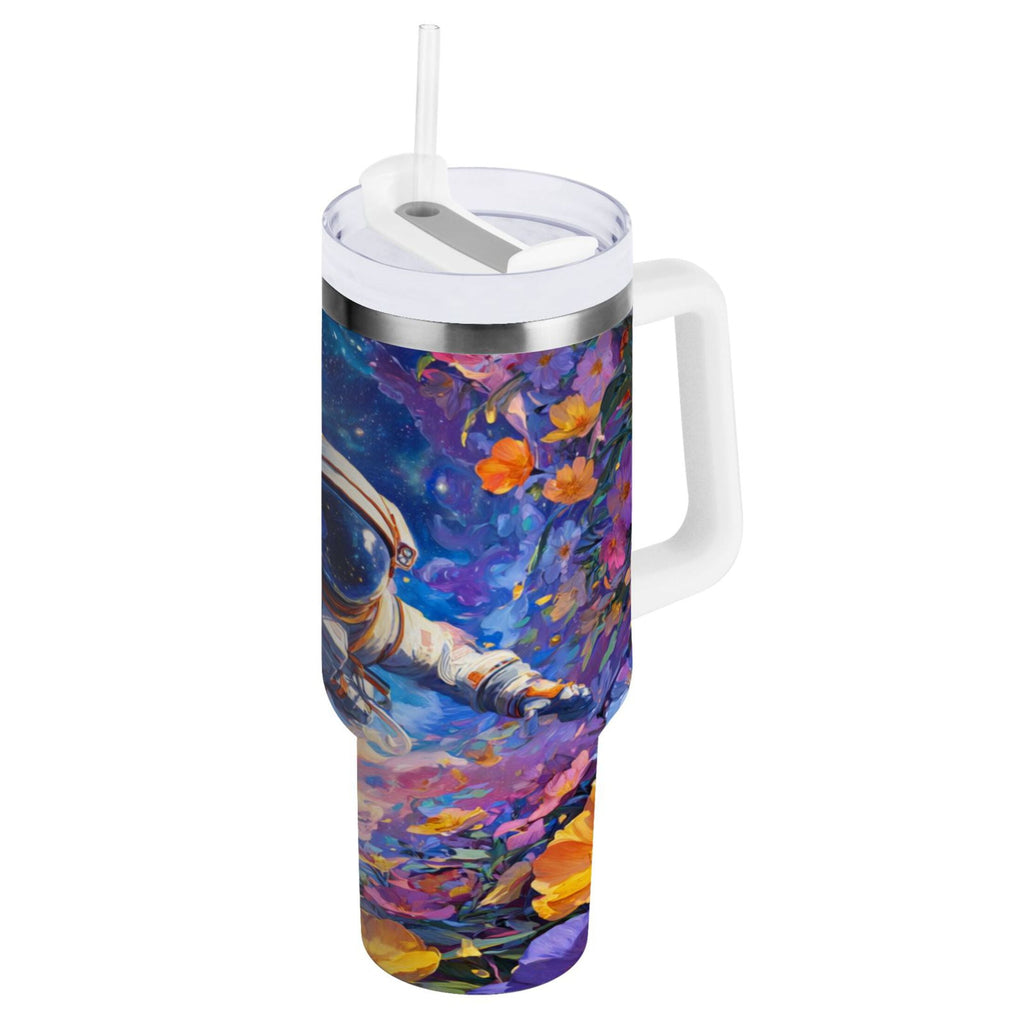 40 oz Insulated Stainless Steel Tumbler Double Wall Stainless Steel Tumbler with 2-Way Drinking Astronaut and Colorful Flowers Edition-L6AF