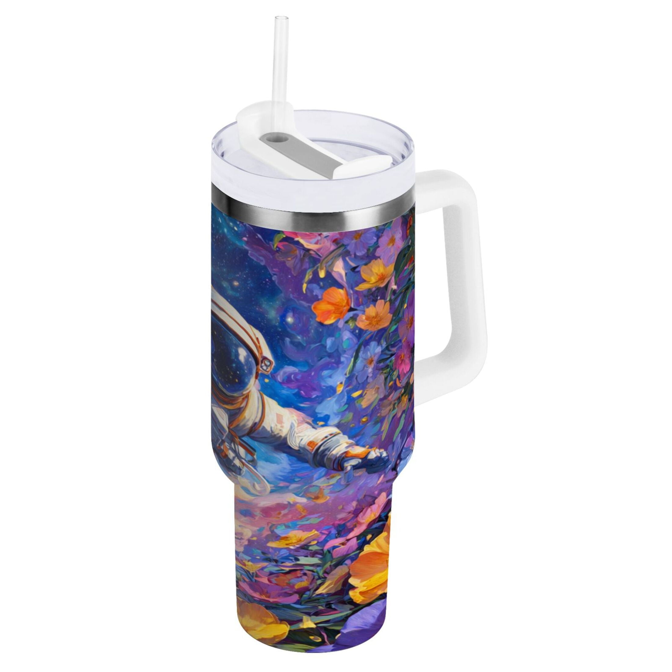 40 oz Insulated Stainless Steel Tumbler Double Wall Stainless Steel Tumbler with 2-Way Drinking Astronaut and Colorful Flowers Edition-L6AF