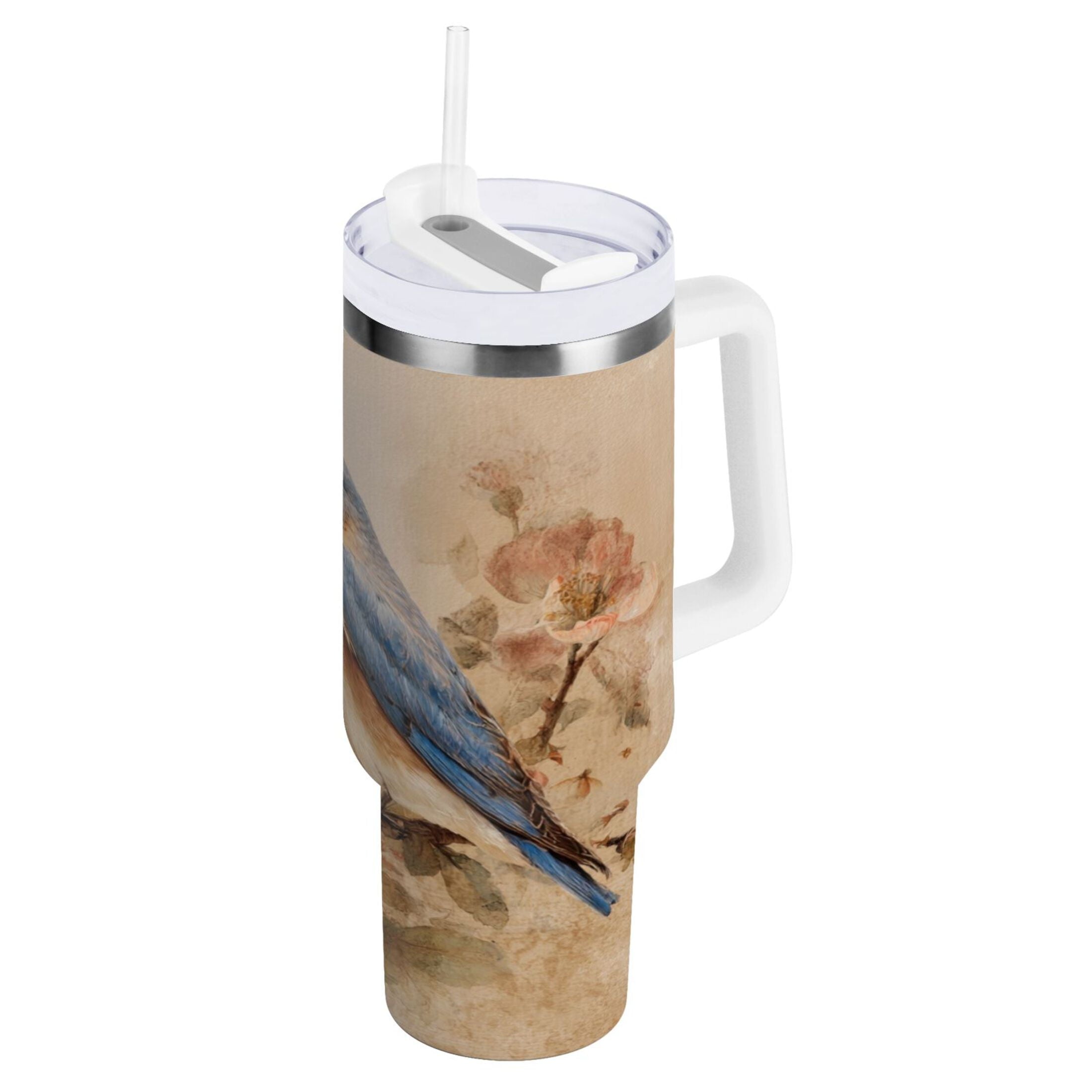 40 oz Insulated Stainless Steel Tumbler Double Wall Stainless Steel Tumbler with 2-Way Drinking Bluebird and Ancient Flowers Edition-0Z50