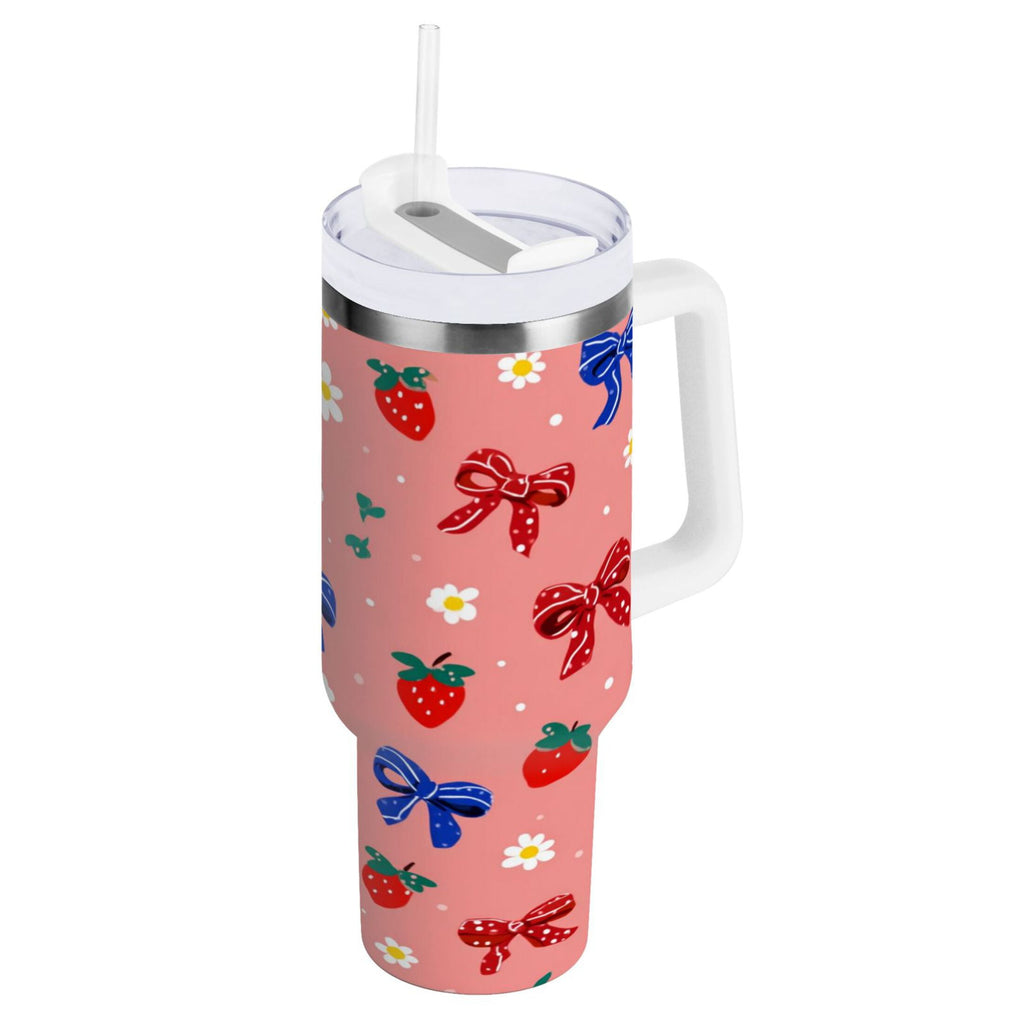 40 oz Insulated Stainless Steel Tumbler Double Wall Stainless Steel Tumbler with 2-Way Drinking Bows and Strawberries Pattern Edition-ZS7F